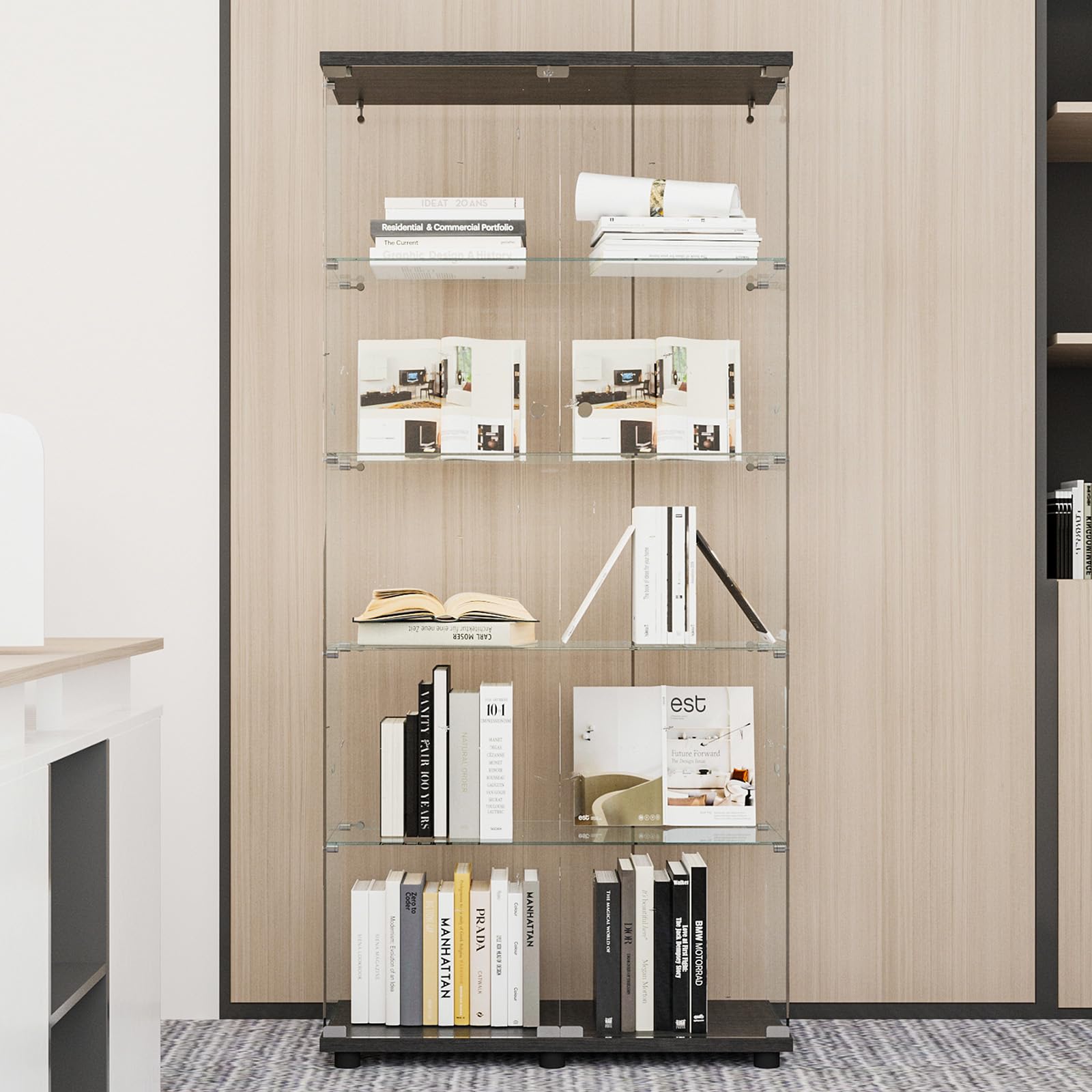 Beauty4U Glass Display Cabinet with 5 Shelves Double Door, Curio Cabinets for Living Room, Bedroom, Office, Black Floor Standing