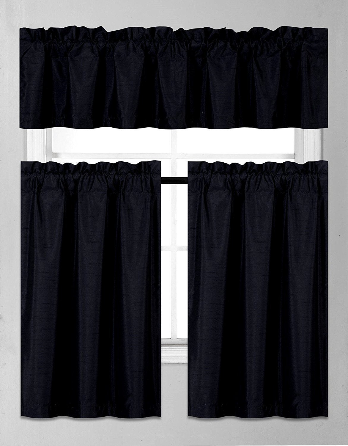 Elegant Home Collection 3 Piece Solid Color Faux Silk Blackout Kitchen Window Curtain Set with Tiers and Valance Solid Color Lin