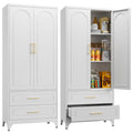 Metal Storage Cabinet with Doors and Shelves, 75 Tall Kitchen Pantry Storage Cabinets with 2 Drawer, White Food Pantry, Steel Of