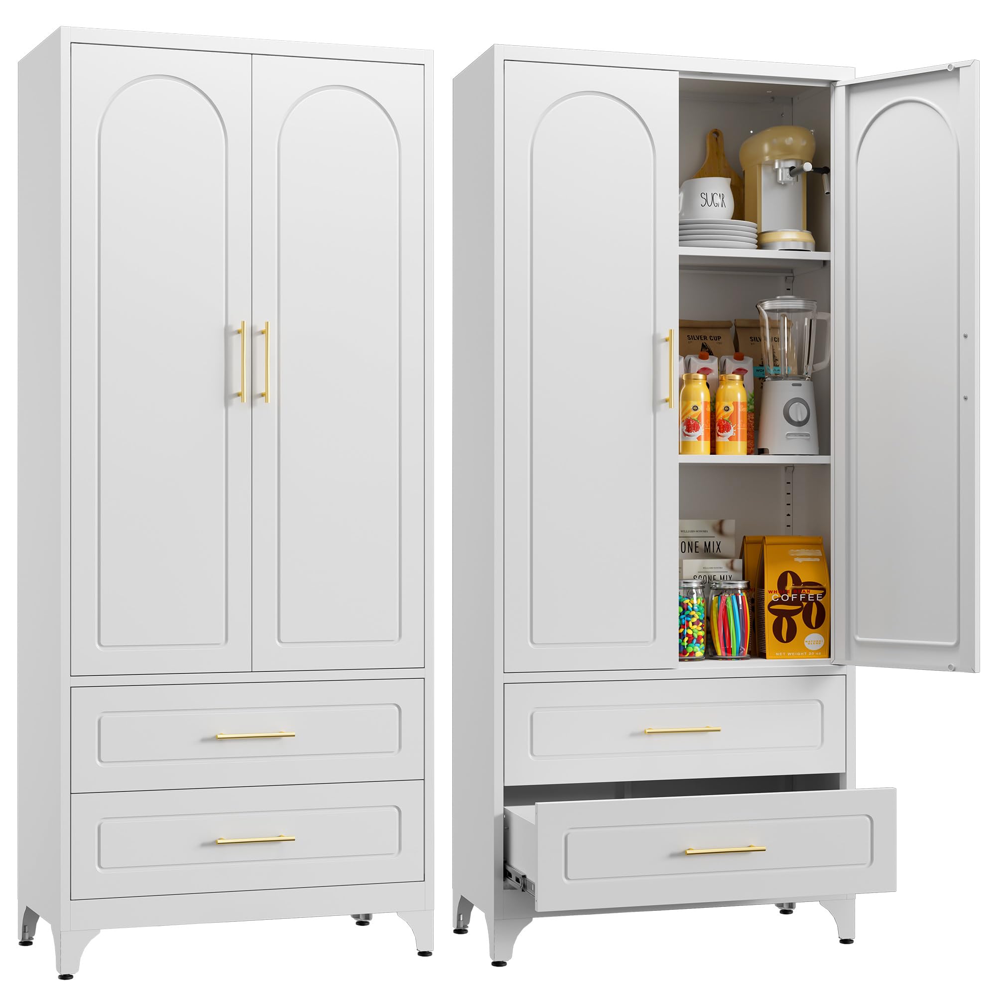Metal Storage Cabinet with Doors and Shelves, 75 Tall Kitchen Pantry Storage Cabinets with 2 Drawer, White Food Pantry, Steel Of