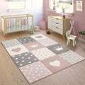 Kids Rug Pastel Colors Checked Dots Hearts Stars White Grey Pink, Size: 53 Round