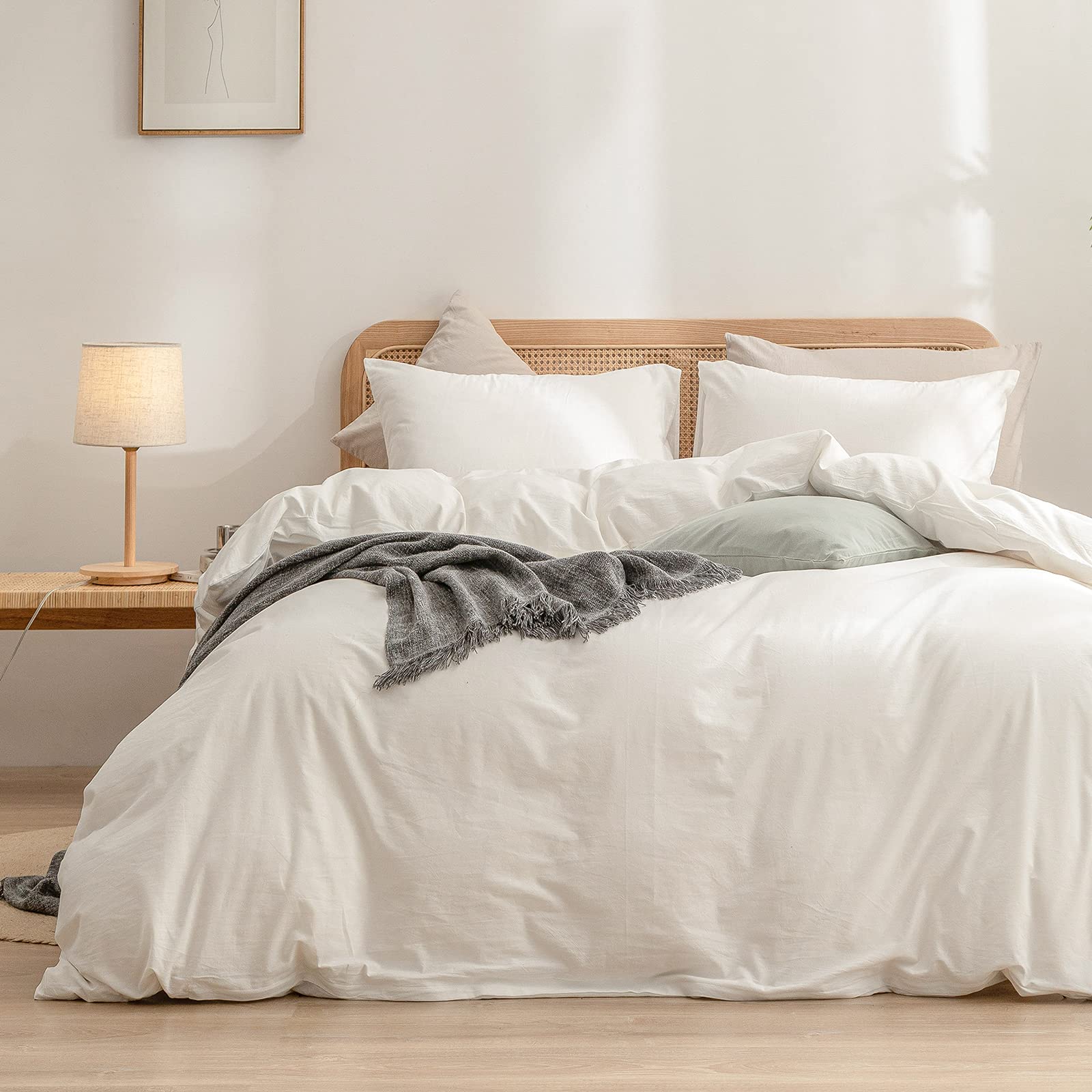 BESTOUCH Duvet Cover Set 100% Washed Cotton Linen Feel Super Soft Comfortable Chic Lightweight 3 PCs Home Bedding Set Solid Off 