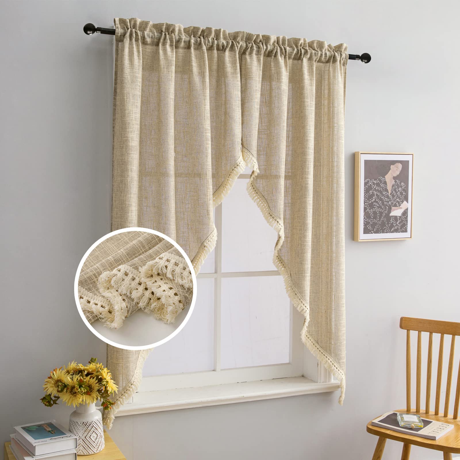 Beda Home Tassel Linen Textured Swag Curtain Valance for Farmhouses Kitchen; Light Filtering Rustic Short Swag Topper for Small 
