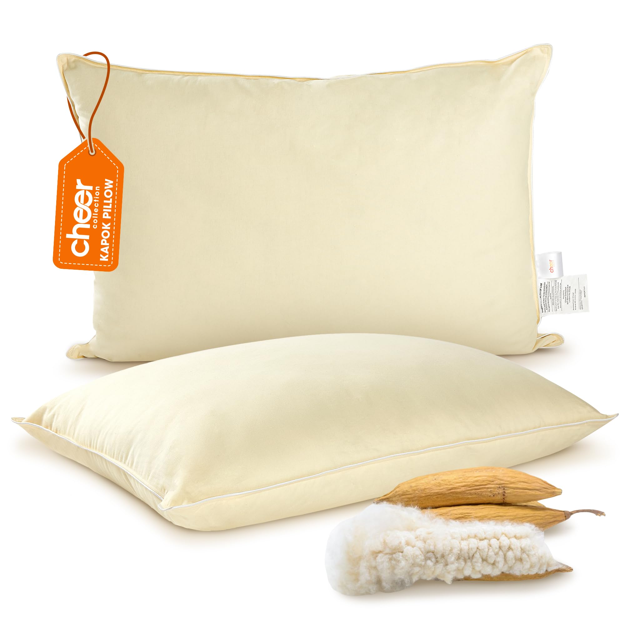 Cheer Collection Set of 2 Organic Kapok Bed Pillows, Natural Kapok Fiber Filled Sleeping Pillows with Breathable Cotton Shell, K