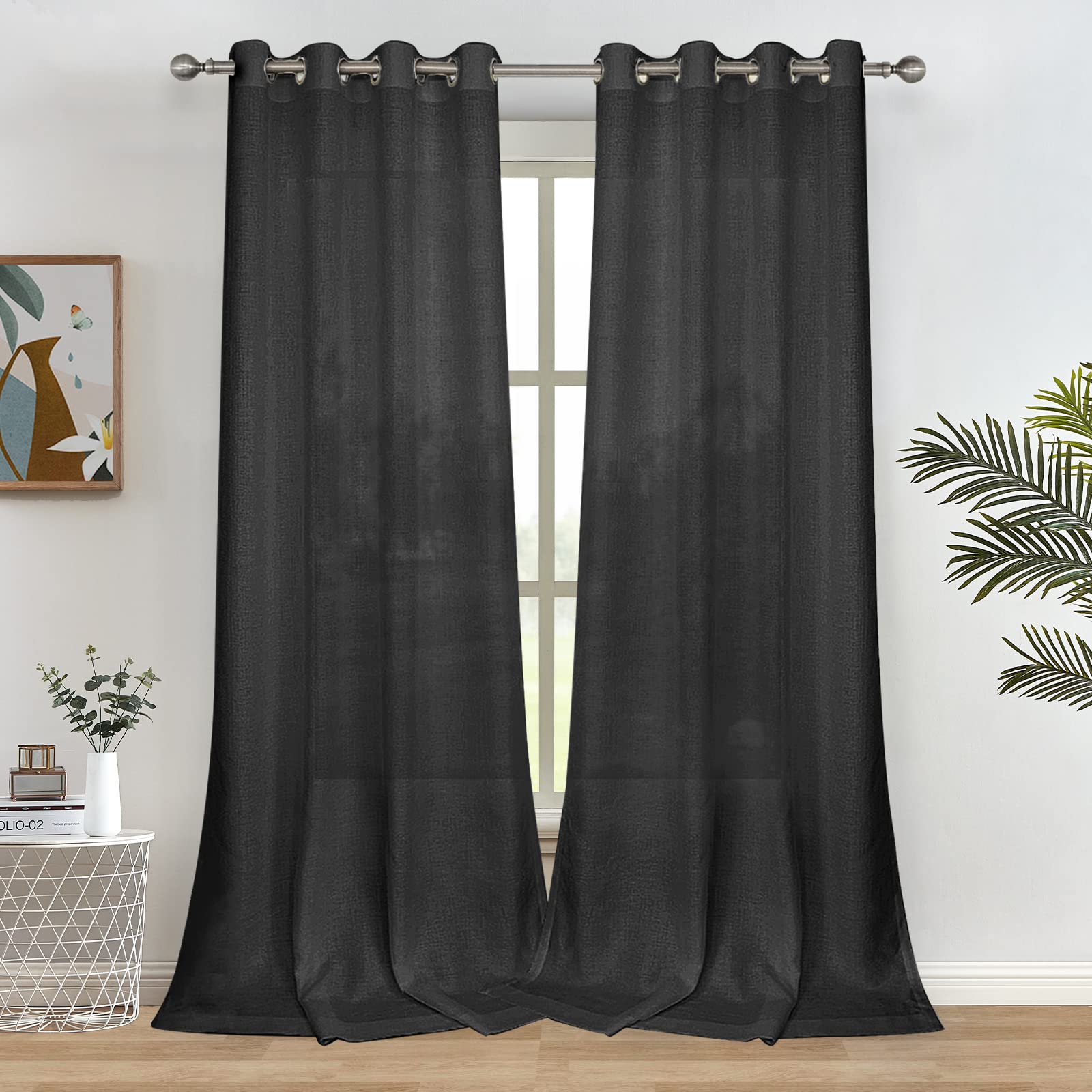 Melodieux Black Semi Sheer Curtains 96 Inches Long for Living Room Bedroom Flax Linen Grommet Voile Drapes, 52 by 96 Inch (2 Pan