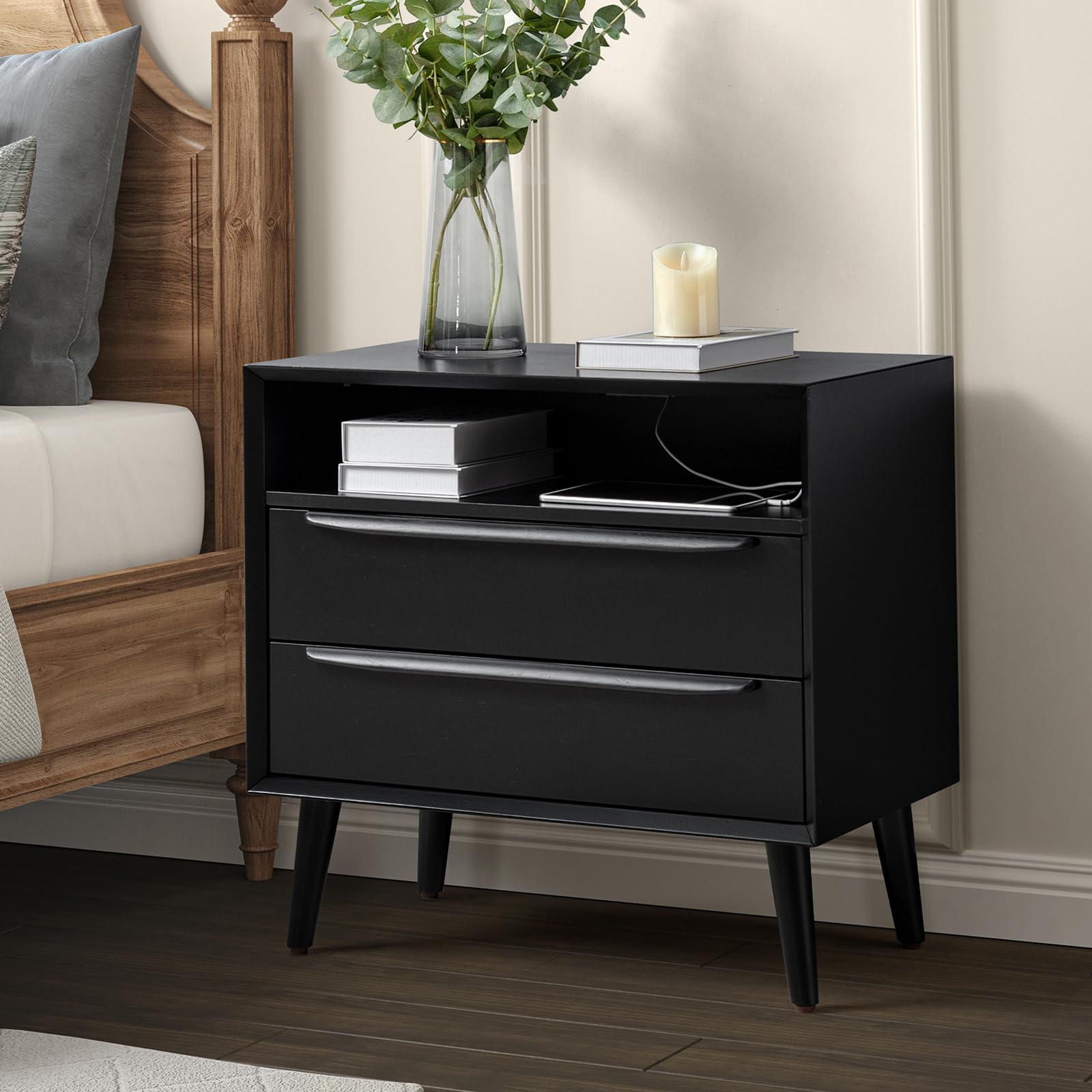 HULALA HOME Nightstand with Charging Station, Mid-Century Modern 2 Drawer and Open Shelf Dresser for Bedroom, Fluted Bedside Tab
