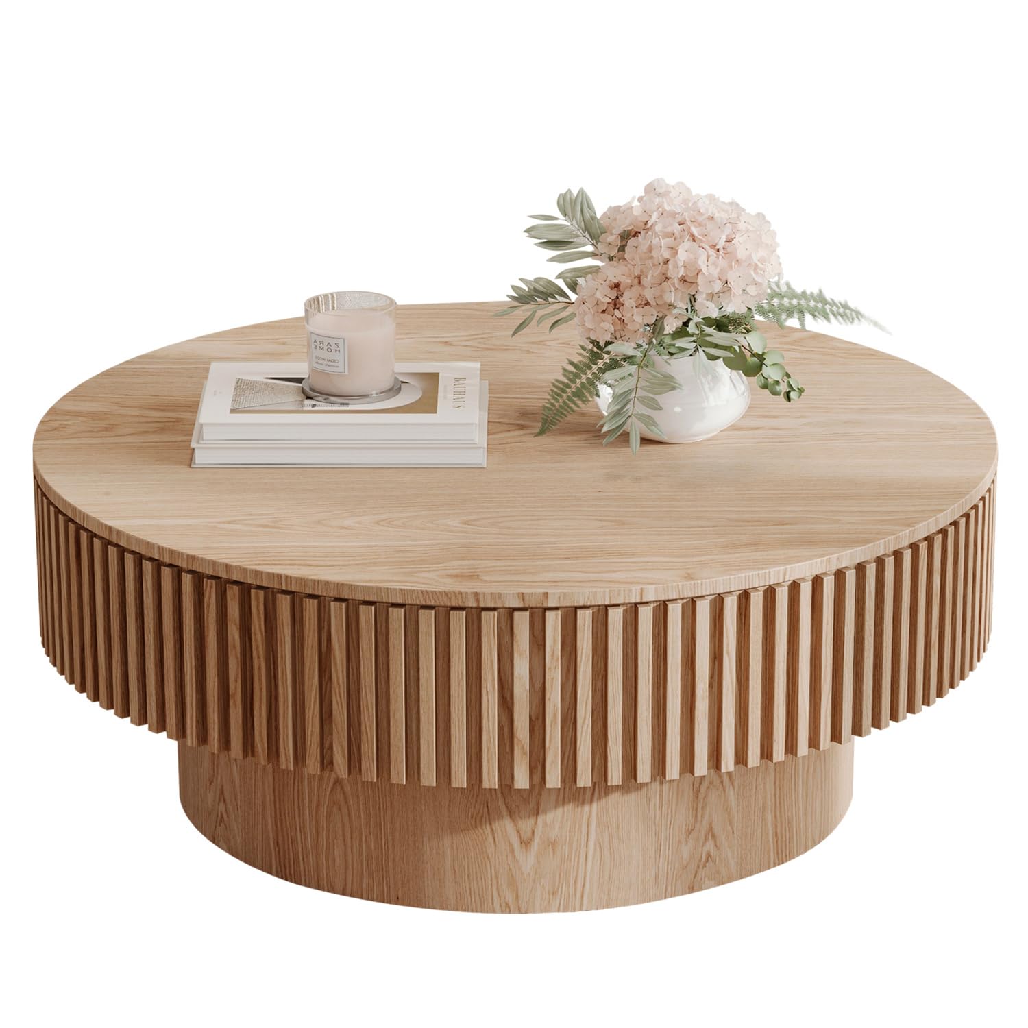 LKTART 39.37Natural Coffee Table Modern Handcraft Drum Round Circle Wooden Solid Wood Veneer Tea Table for for Living Room Apa