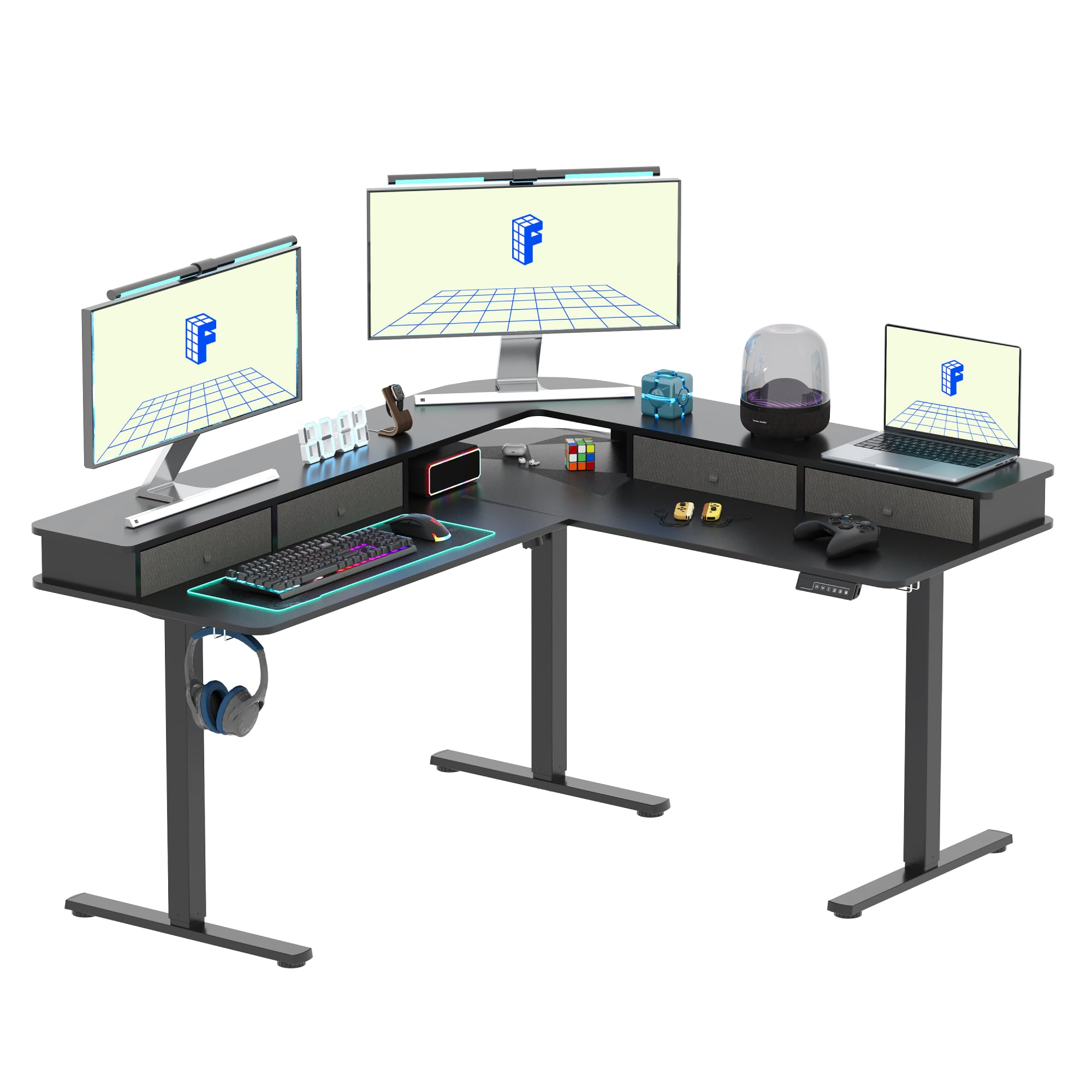 FLEXISPOT 63 L Shaped Standing Desk Electric Corner Table with Monitor Shelf, 4 Storage Drawers, Adjustable Computer Workstati