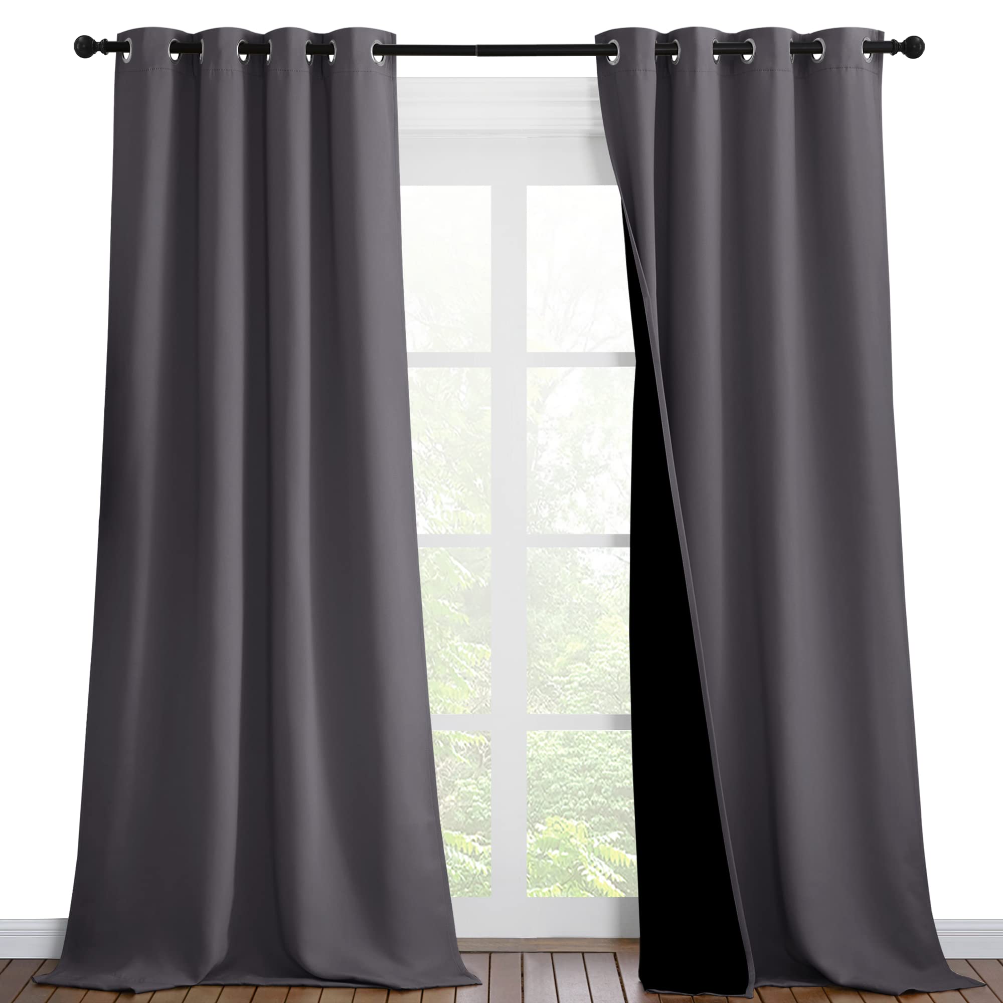 NICETOWN Grey Full Shade Curtain Panels, Pair of Thermal Insulated & Energy Efficiency Blackout Curtains for Living Room Windows