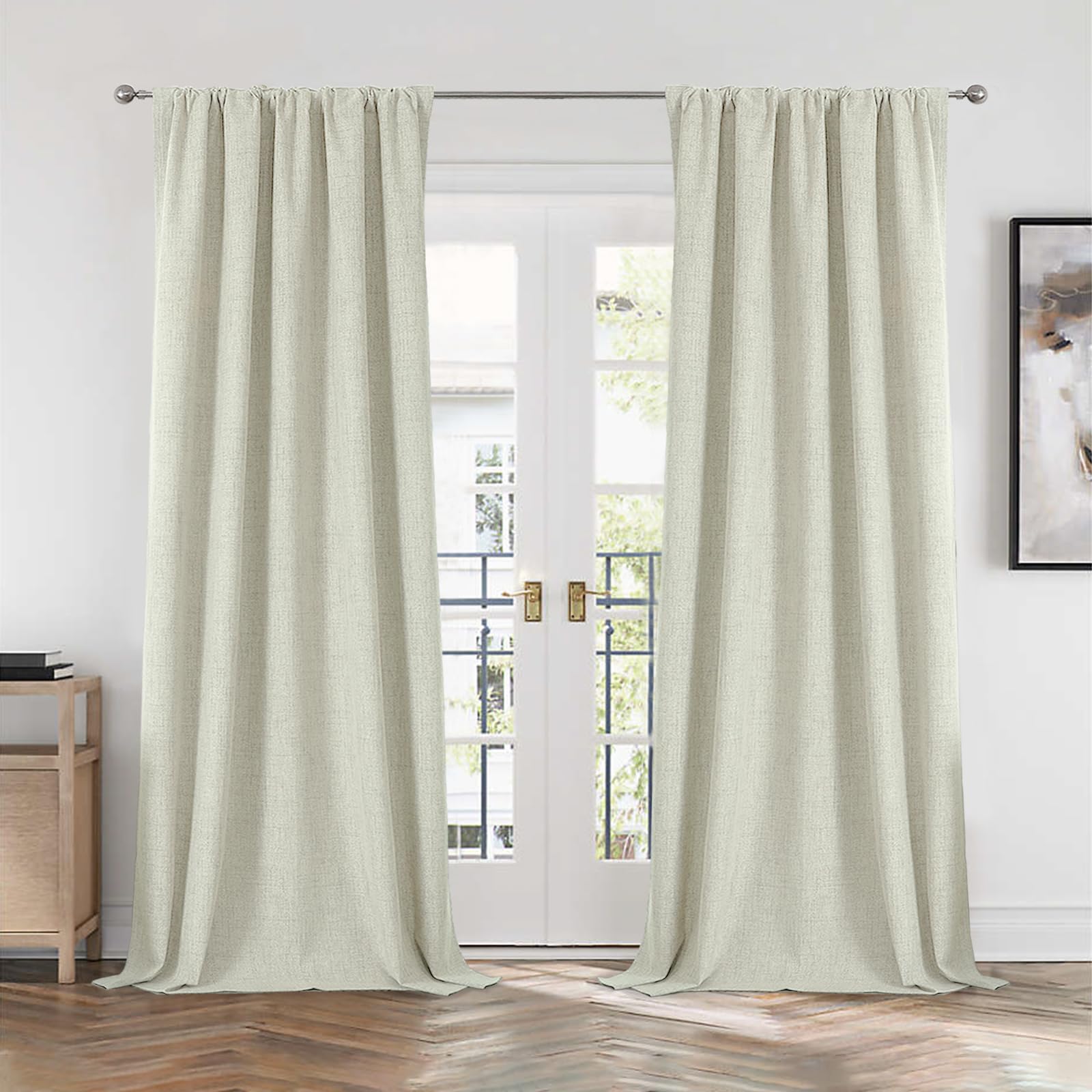 Cucraf 100% Blackout Back Tab and Rod Pocket Curtains 90 Inch Length 2 Panels Set, Beige Linen Curtain for Living Room Bedroom, 