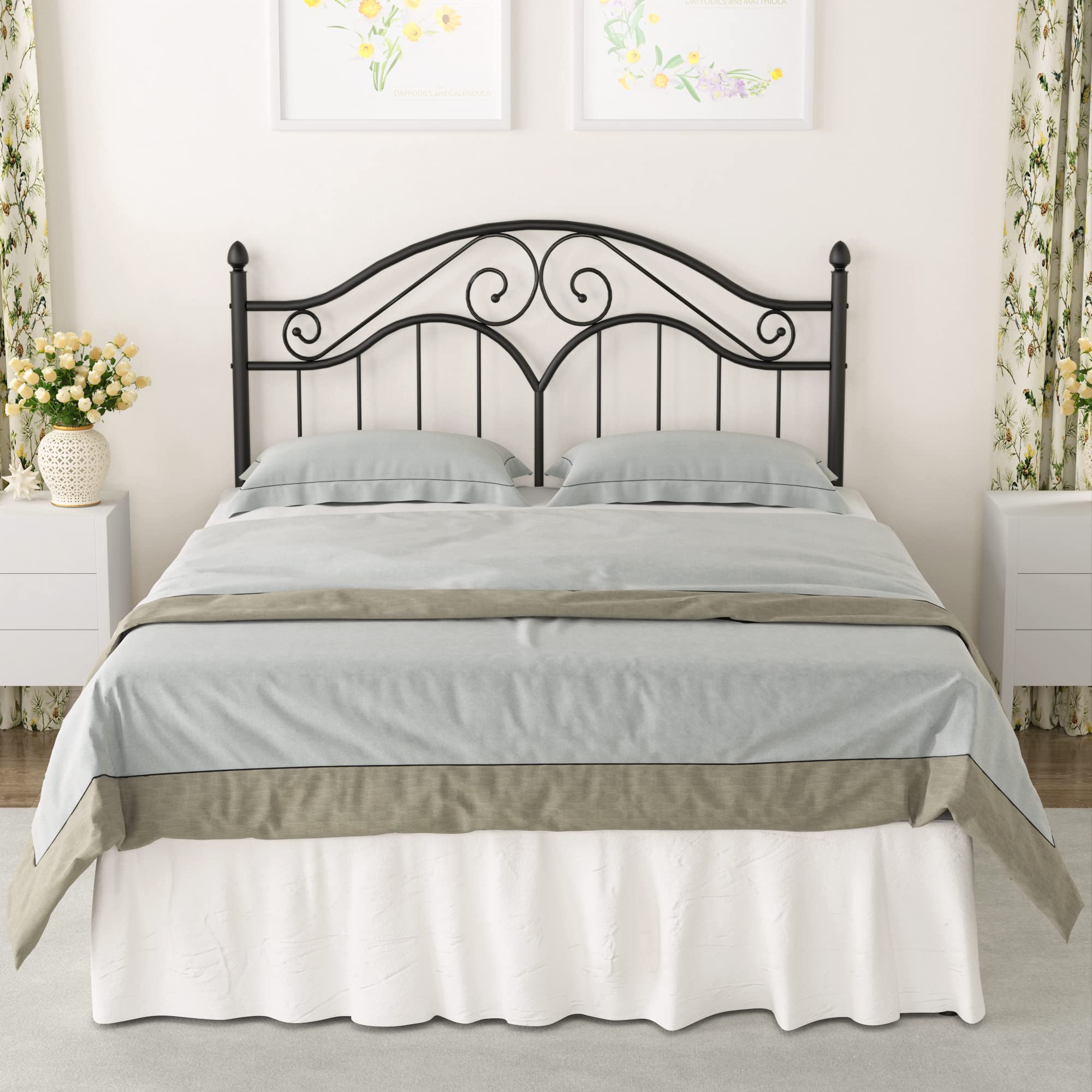 Elephance Queen Size Metal Bed Frame with Vintage Headboard,11 Inches Storage Space Platform Bed No Box Spring Needed Easy Assem