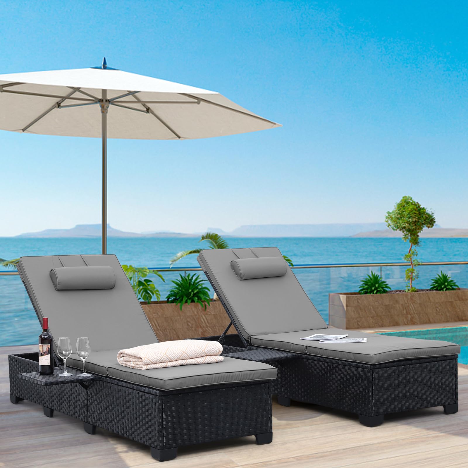WAROOM Outdoor Chaise Lounge Chairs for Outside Patio Furniture Set of 2 Wicker Recliner Black Rattan Reclining Pool Sunbathing 