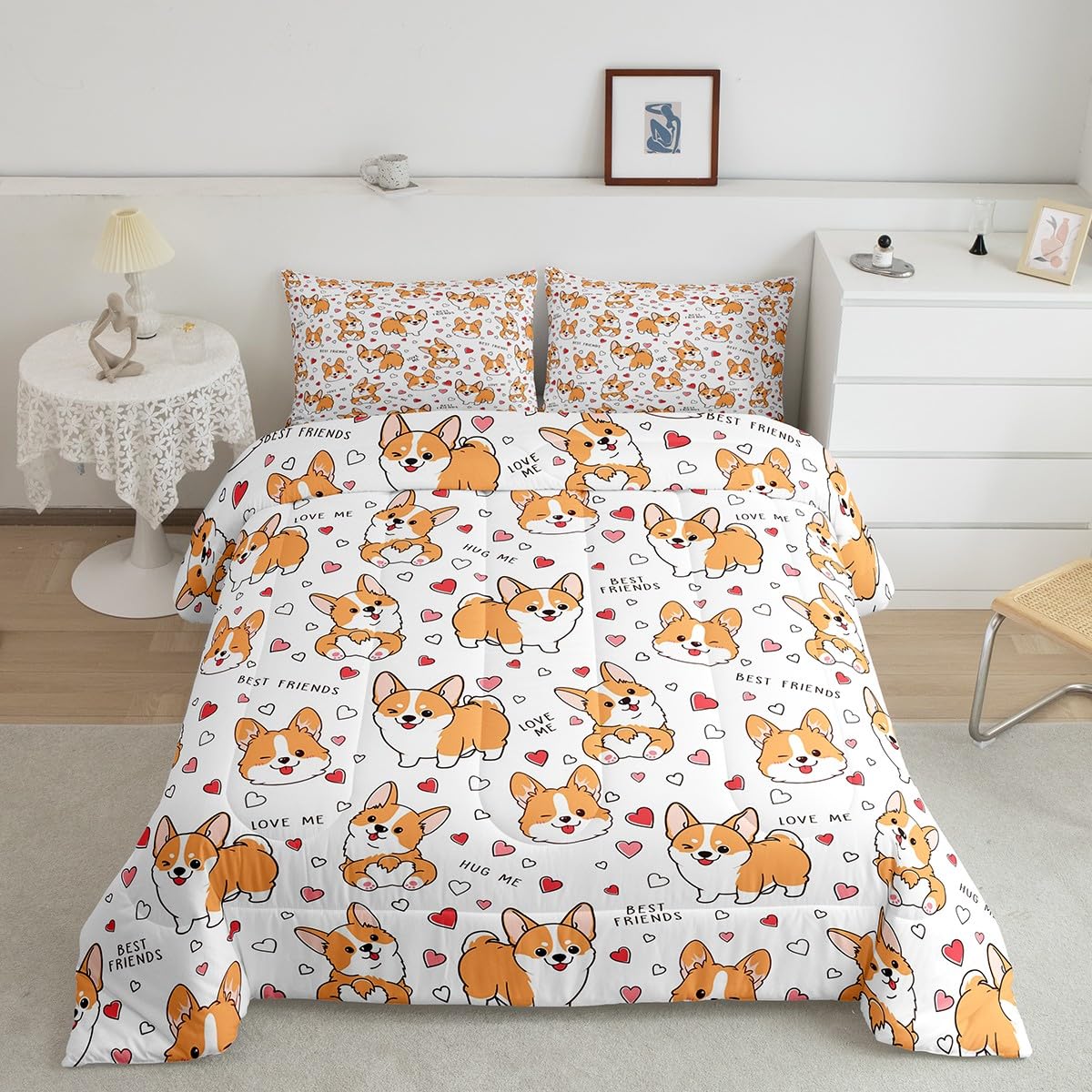 Feelyou Kids Kawaii Corgi Comforter Set Cute Dog All Season Down Comforter Boys Girls Cartoon Puppy Dog Bedding Set Lovely Anima