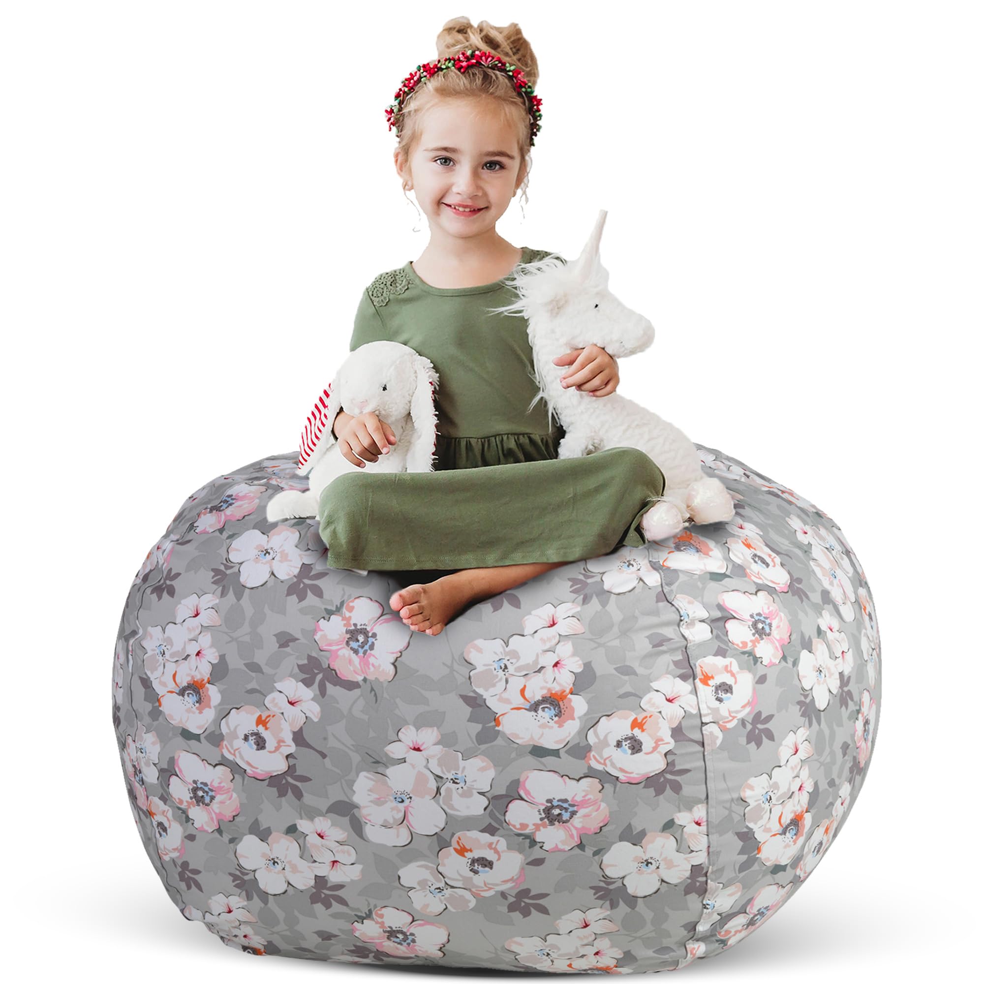 Creative QT Bean Bag Chair Cover - X-Large 38 in, Gray Floral - Toy Storage Bag & Stuffed Animal Storage for Kids Room - Giant P