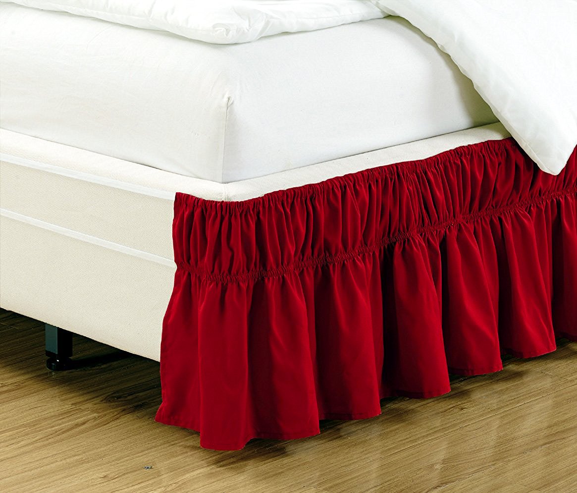 Fancy Collection Queen - King Easy Fit Bed Ruffle Wrap Around Elastic Bed Skirt with 17 Drop New Easy Install Solid Red