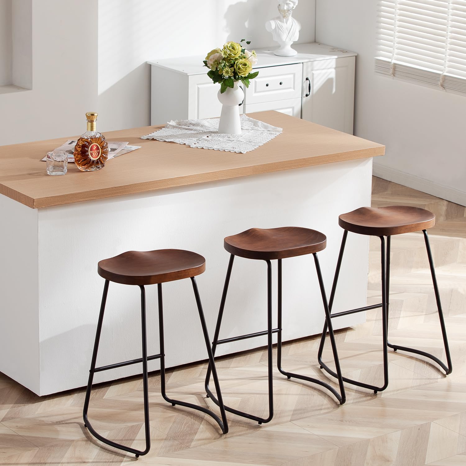 HeuGah Bar Stools Set of 3, Solid Wood Counter Height Bar Stools 26 Inch Barstool Chair for Kitchen Island Rustic Saddle Seat Ba
