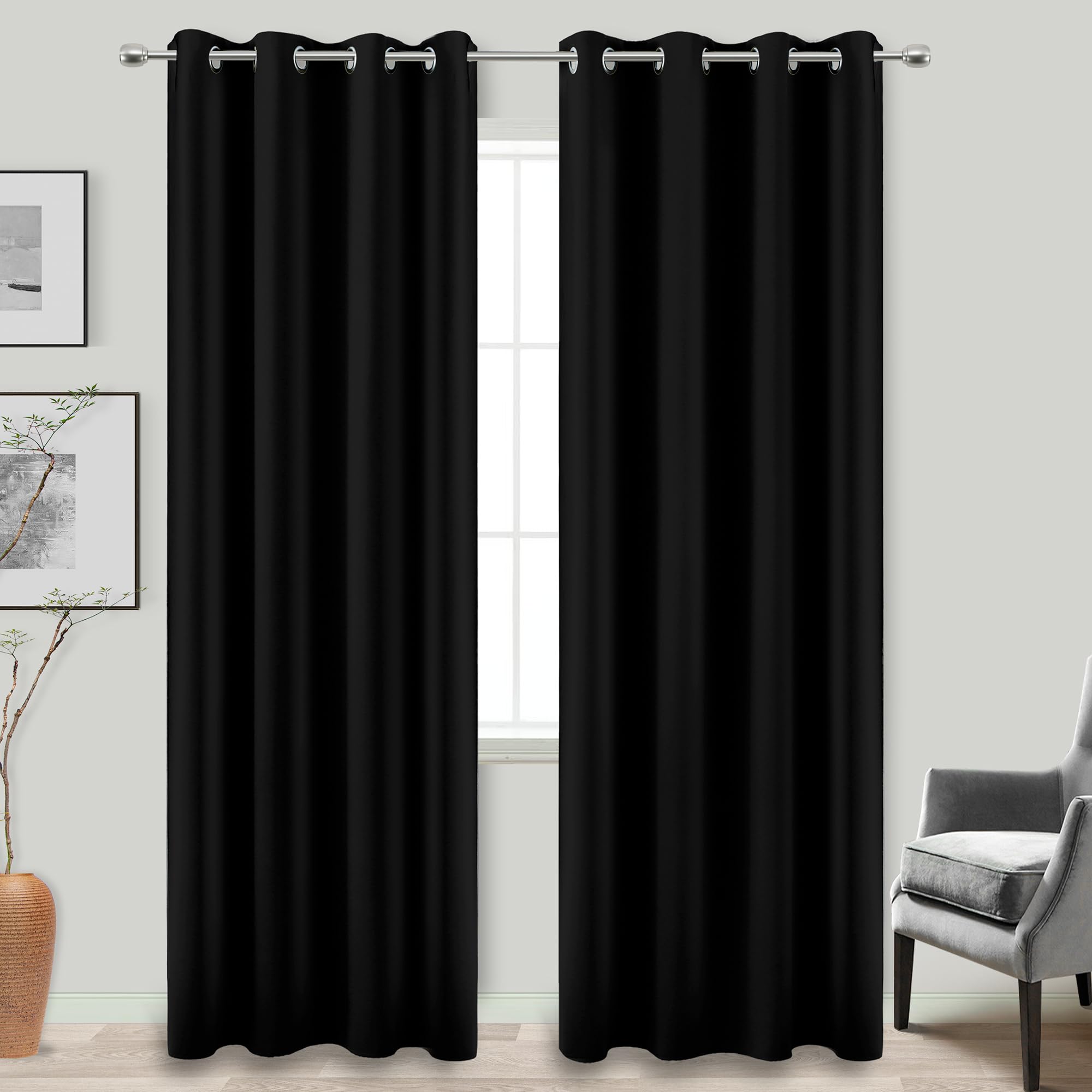 KOUFALL Black Curtains 84 Inches Long for Bedroom 2 Panels Set Total 100% Blackout Heat Sun Insulated Thermal Dark Curtains No L