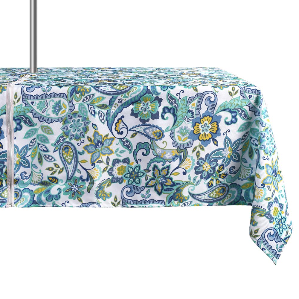 ColorBird Modern Paisley Flower Outdoor Tablecloth Water Resistant Spillproof Polyester Fabric Table Cover with Zipper Umbrella 