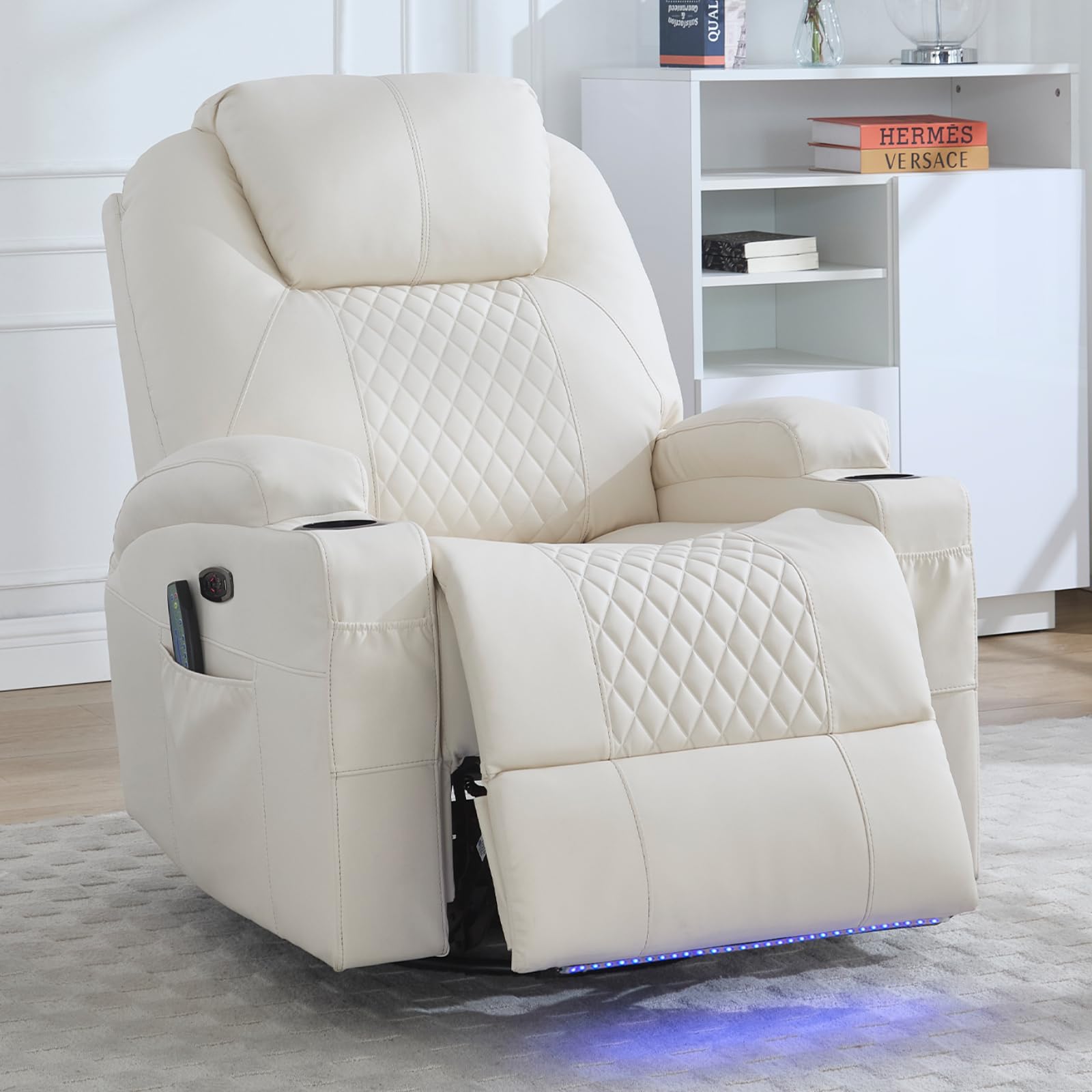 WISHDEER Power Swivel Rocker Recliner Chair for Adults - Rocking Recliner with Heat and Massage/Cup Holder/LED Lights/USB & Type
