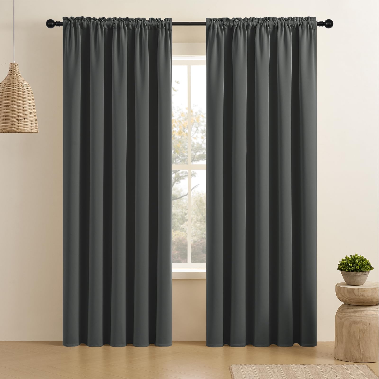 CUCRAF Dark Grey Blackout Curtains 108 inch Length 2 Panels Set, Rod Pocket Room Darkening Drapes for Bedroom Living Room, Insul