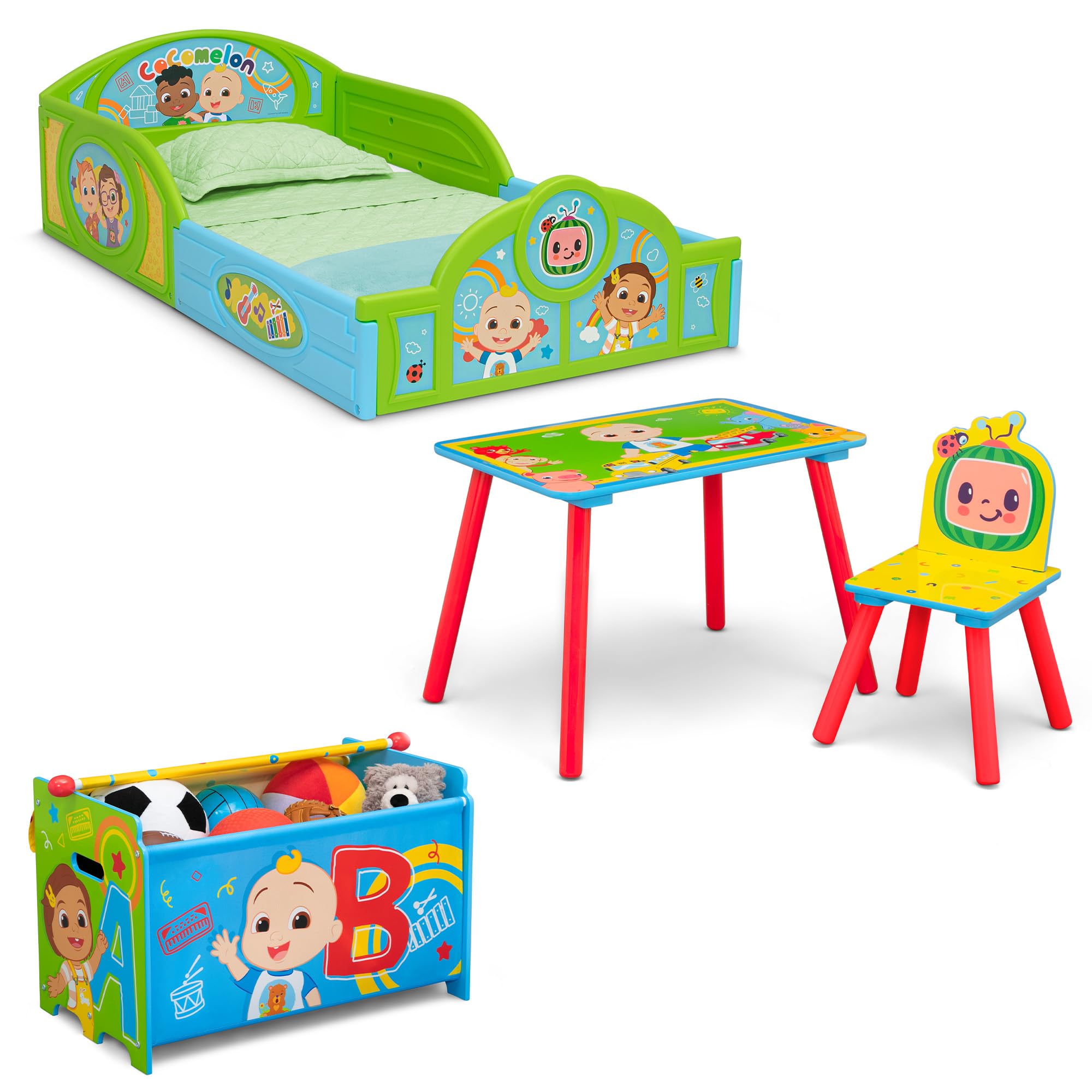 Delta Children - CoComelon 4-Piece Toddler Room-in-a-Box Set - Includes Sleep and Play Toddler Bed, Table, 1 Chair and Toy Box, 