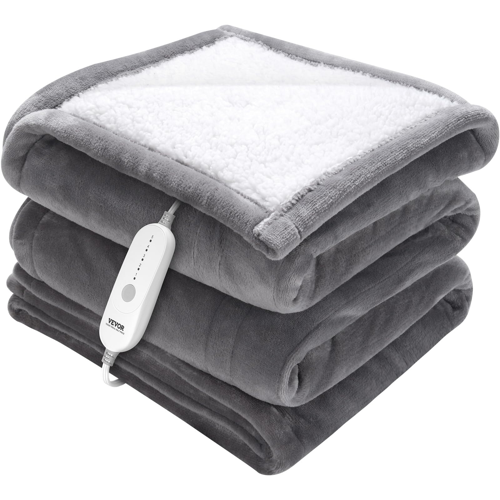 VEVOR Heated Blanket Electric Throw, 50 x 60 Twin Size, Soft Flannel & Sherpa Heating Blanket with 3 Hours Timer Auto-Off, 5 Hea
