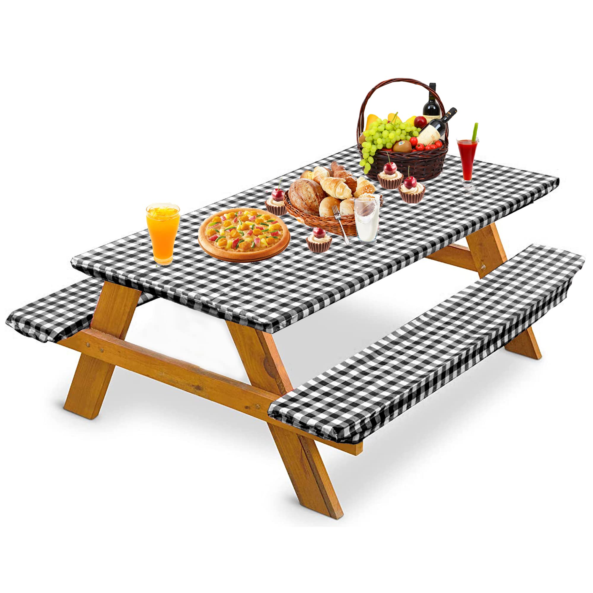 bealy 8ft Picnic Table Covers with Bench Cover 96x30, 8 Foot Tables Picnic Table Cover 3-Piece Set Flannel Backing Elastic Edge 