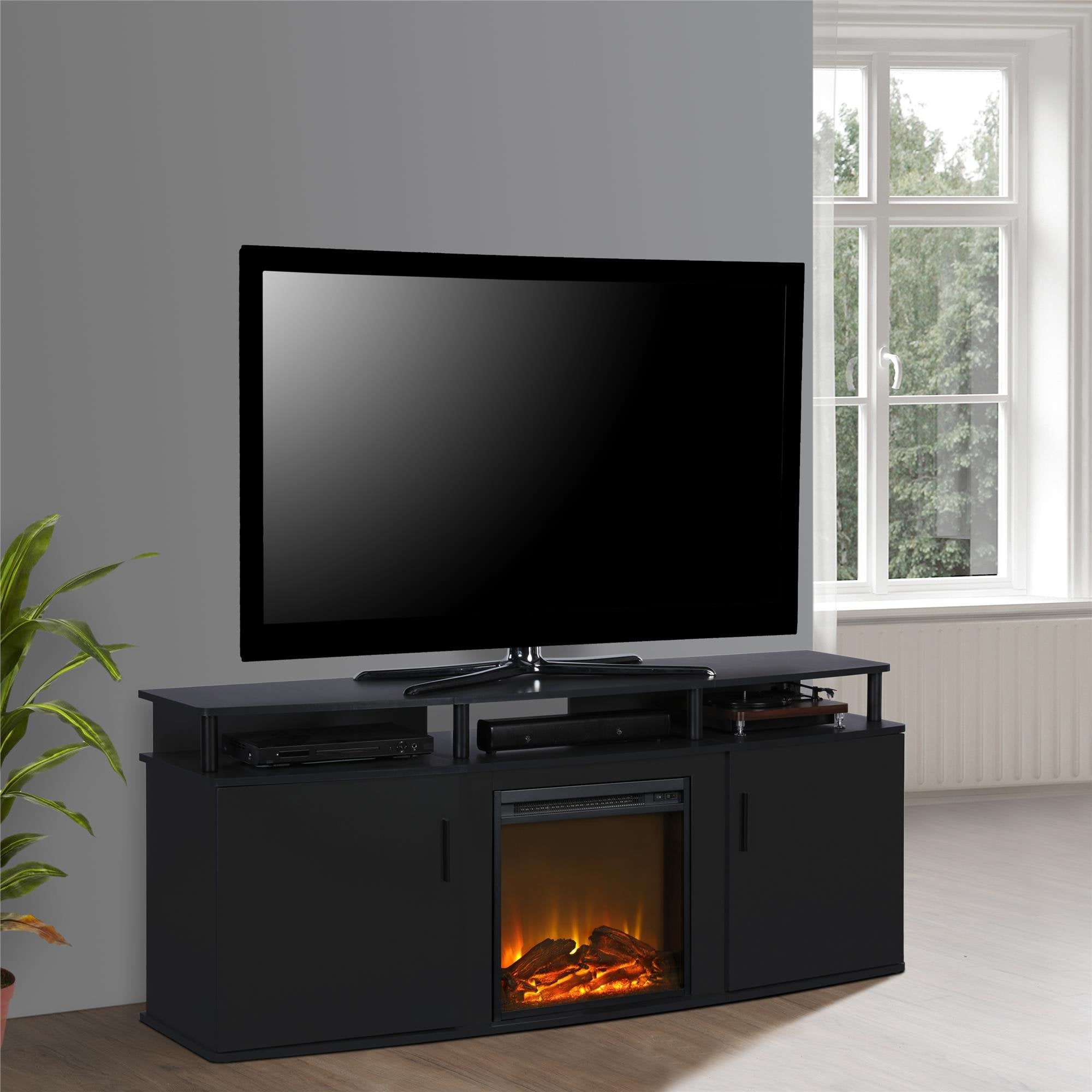Ameriwood Home Carson Fireplace TV Stand for TVs up to 70 Inch, Replaceable Electric Fireplace Insert Heater, Realistic Log and 
