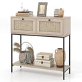 DORTALA Console Table with Rattan Drawers & Storage Shelf, Boho Entryway Table with w/ 2 Drawers, Metal Legs, 31.5   Narrow Long