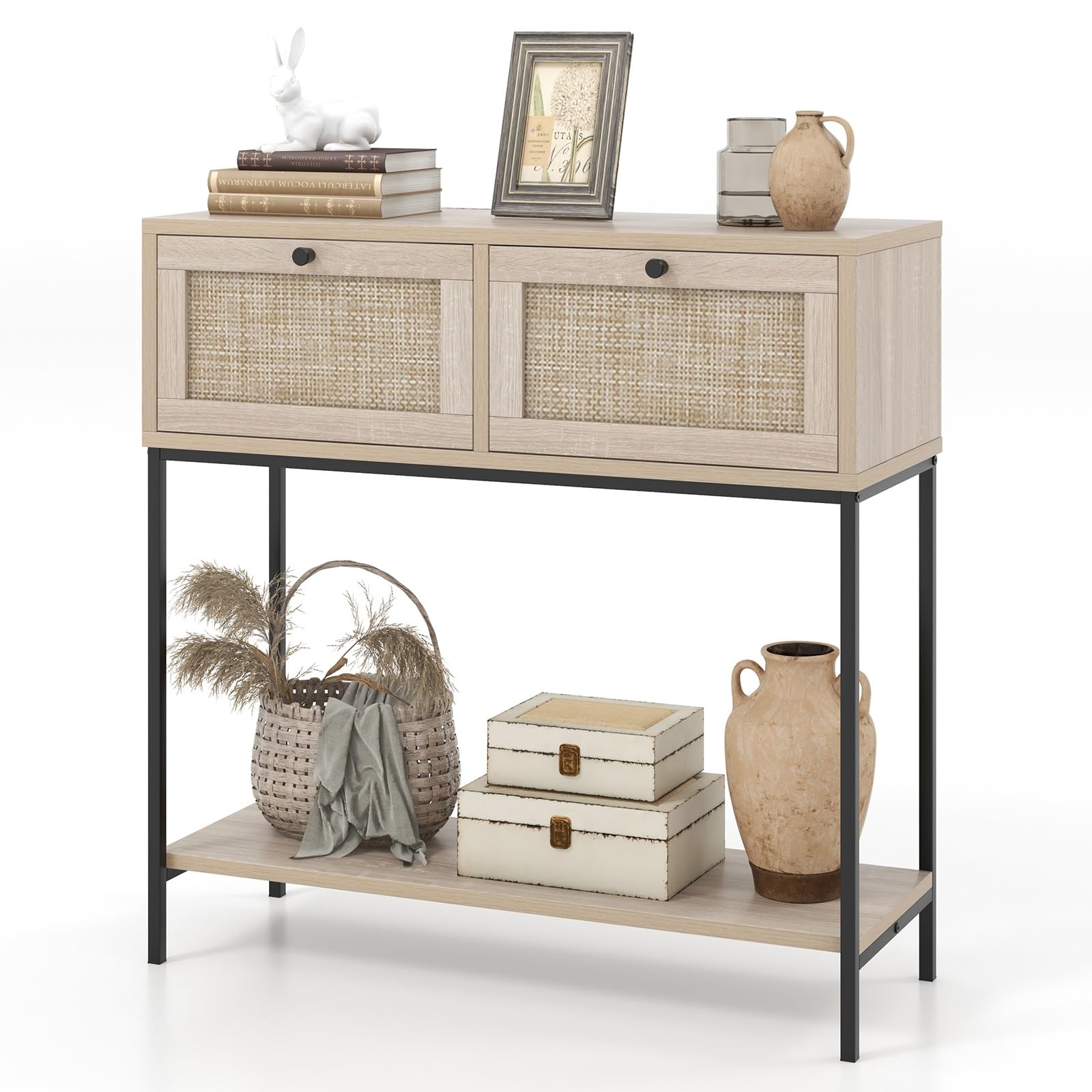 DORTALA Console Table with Rattan Drawers & Storage Shelf, Boho Entryway Table with w/ 2 Drawers, Metal Legs, 31.5   Narrow Long