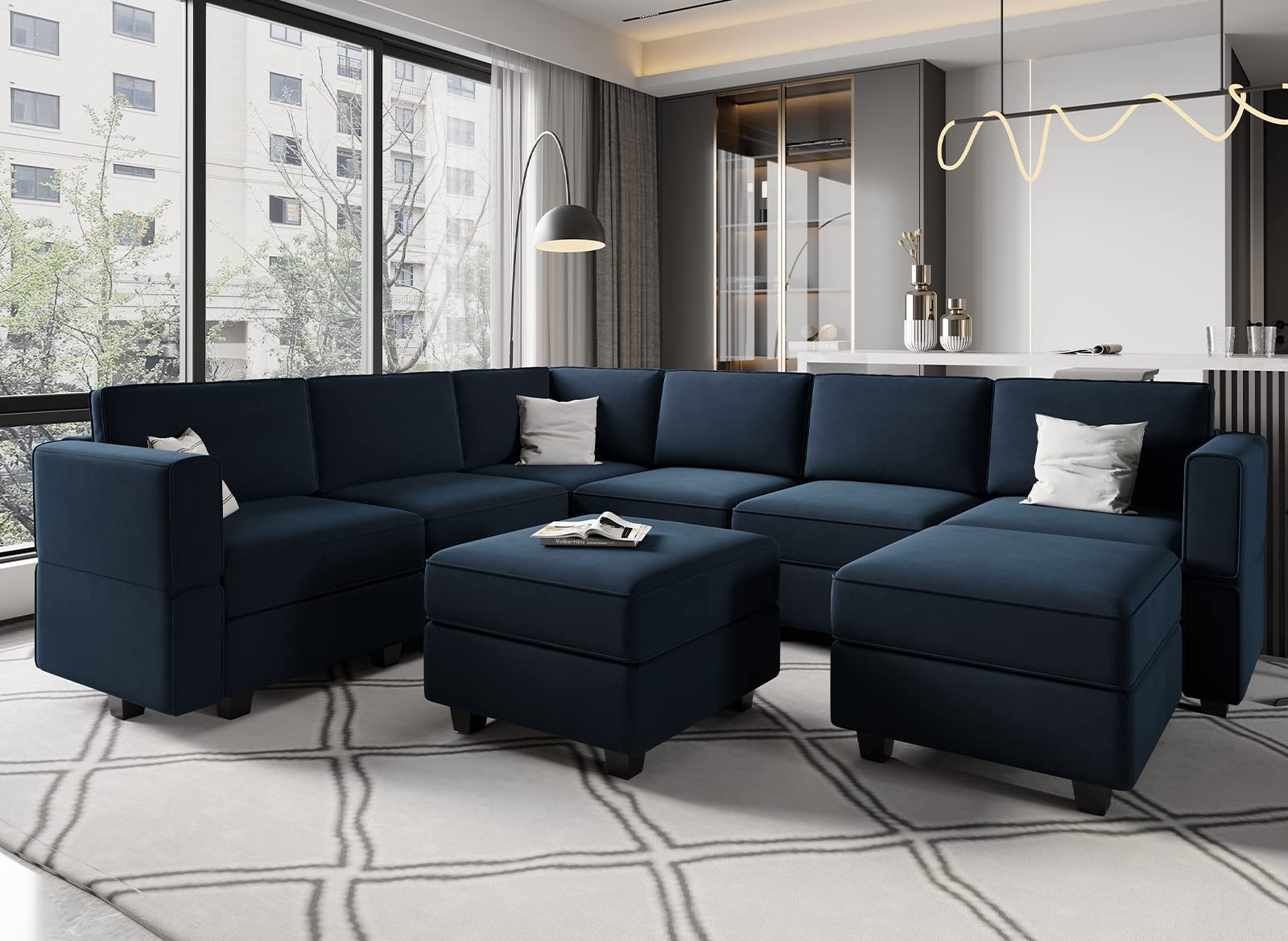 Belffin Modular Velvet Sectional Sofa with Storage Seat Oversized U Shaped Couch with Reversible Chaise Sofa Set with Ottoman Bl