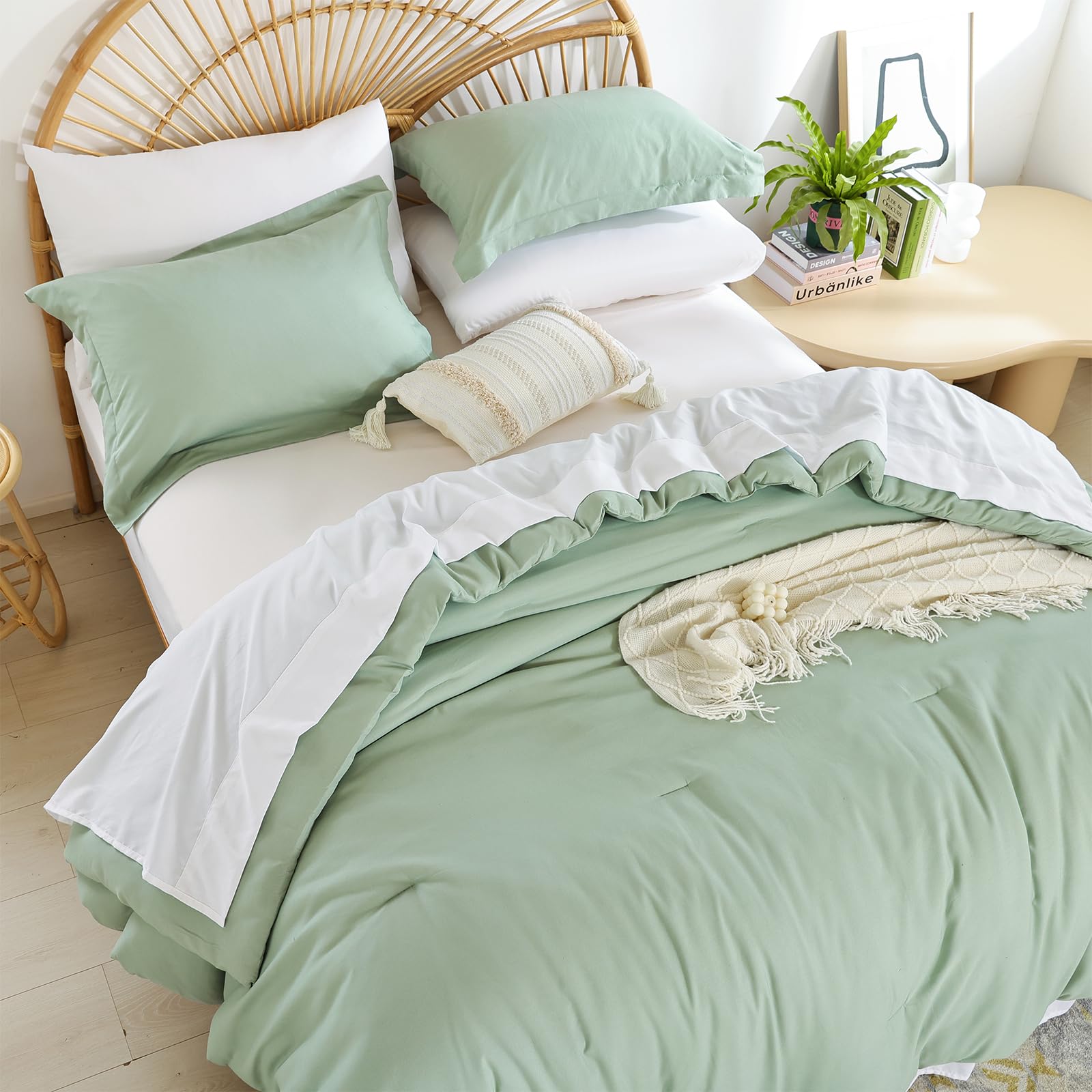 weigelia King Size Comforter Set Boho Sage Green Comforter Set Bed in a Bag Bedding Set 7PC King Comforter Set with Sheets - Rev