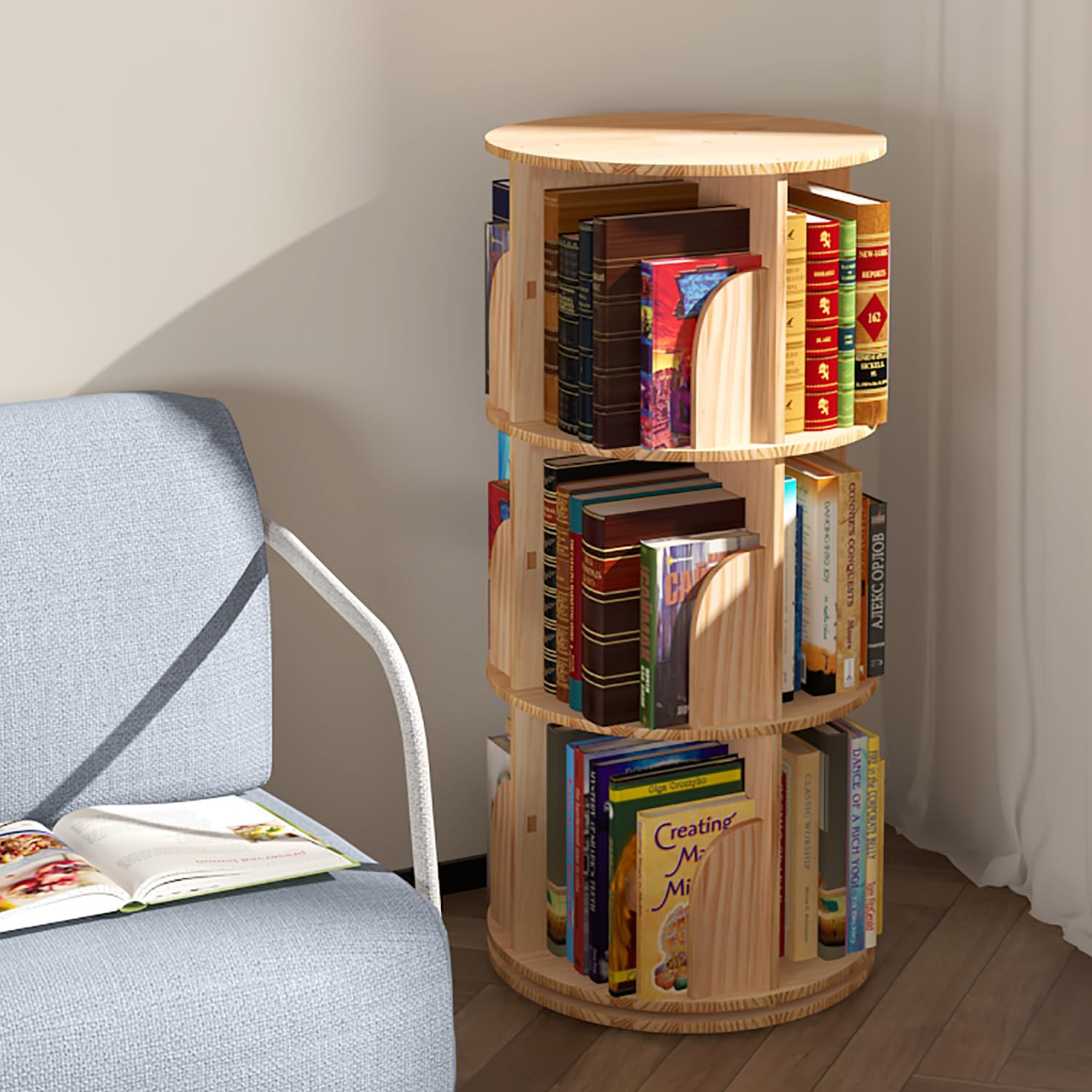 Lexza 3 Tier 360 Display Rotating Bookshelf, Revolving Bookcase for Kids&Adults, Rotating Bookshelf Tower for Preschoolers Clas