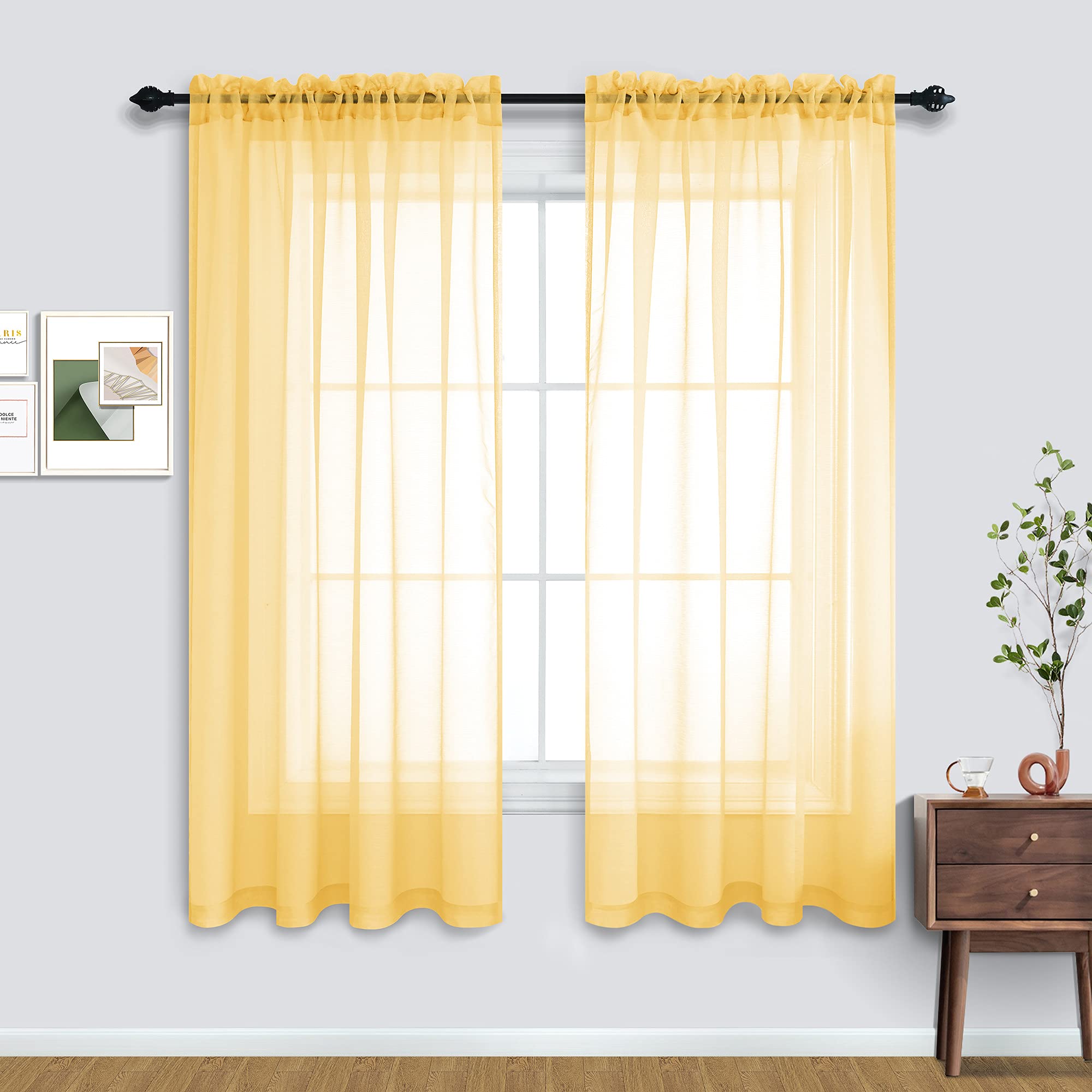 2 Panels Set Yellow Sheer curtains 63 Inch Length for Bedroom Rod Pocket Voile Sheer Drapes for Living Room 52x63 Inches Long