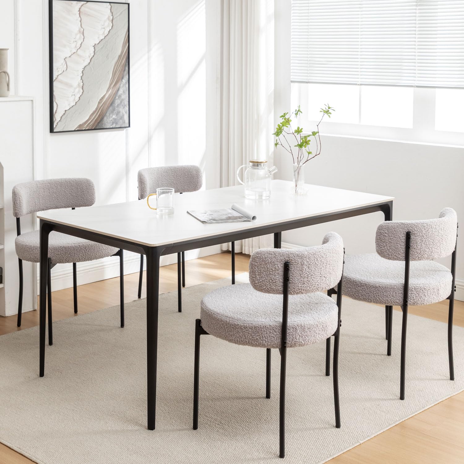 Riknuxi Boucle Dining Chairs Set of 4, Round Upholstered Dining Chairs with Black Metal Legs, Modern Dining Room Chairs for Dini