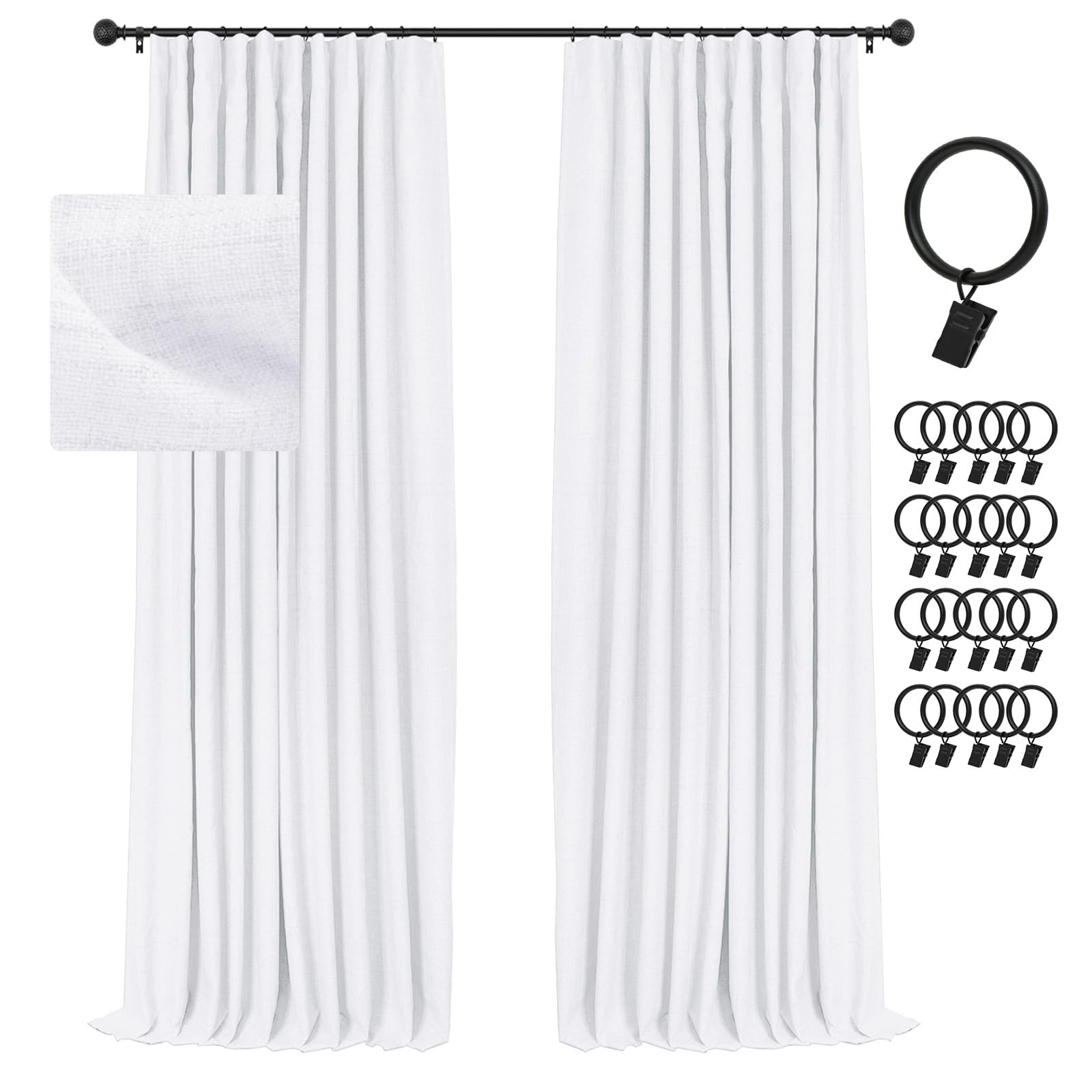 INOVADAY 100% Blackout Curtains for Bedroom 102 Inches Long, Clip Rings/Rod Pocket Linen Black Out Cute Curtains Thermal Insulat