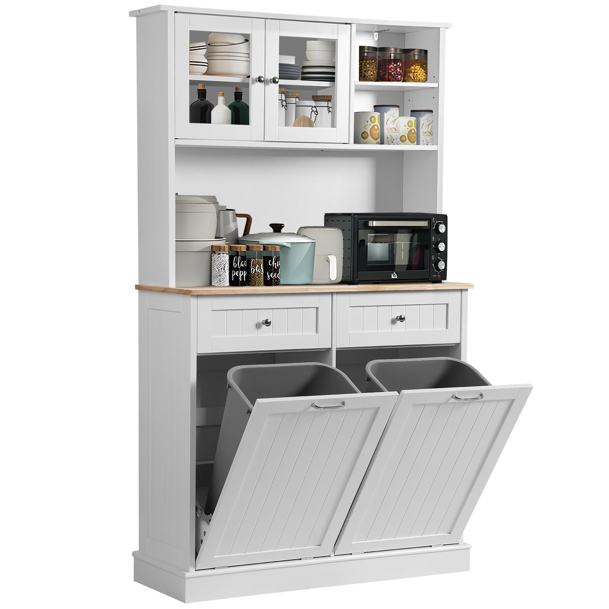 LOUVIXA Kitchen Pantry Storage Cabinet, Microwave Cabinet with Tilt Out Trash Cabinet,Tall Pantry Cabinet Cupboard, Freestanding