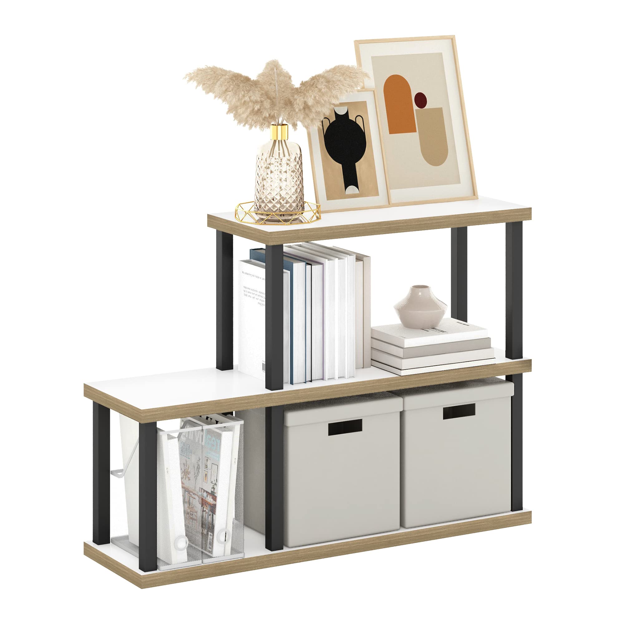 Furinno Turn-N-Tube No Tools Decorative Display Shelf, 3-Tier Ladder, Solid White/Black