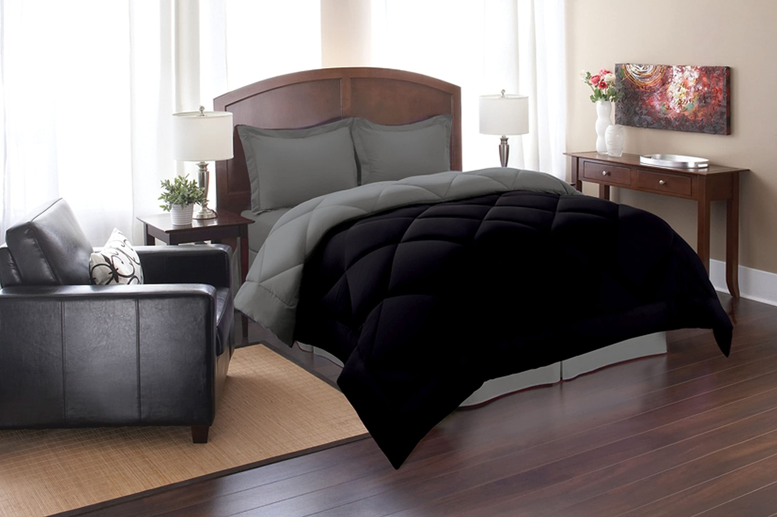 Elegance Linen Super Soft Goose Down Reversible Alternative Comforter, Twin, Black/Gray