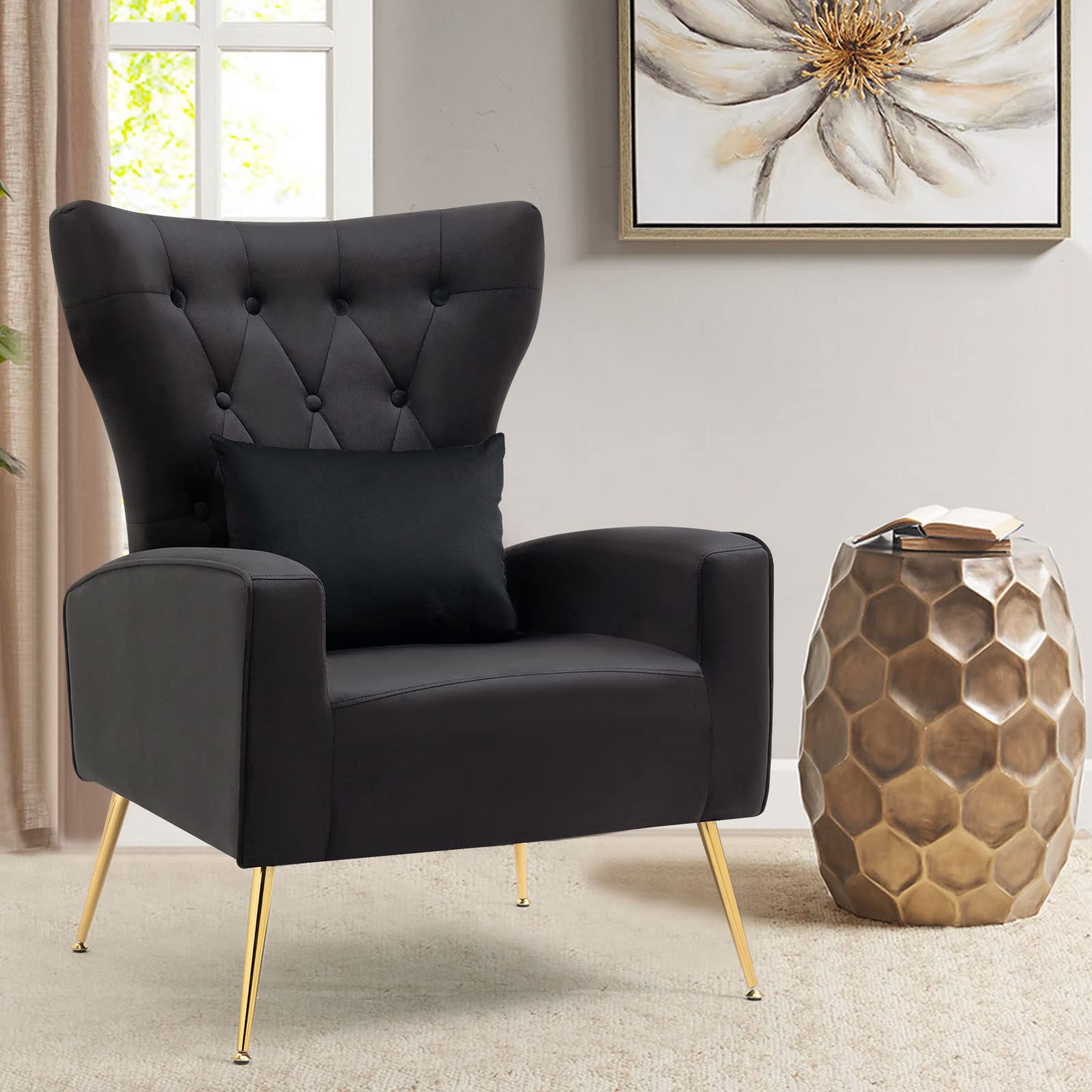 ZJhome Button-Tufted Living Room Chairs, WingBack Velvet Accent Chair Armchair with Lumbar Pillow, Bedroom Chairs Arm Chair with