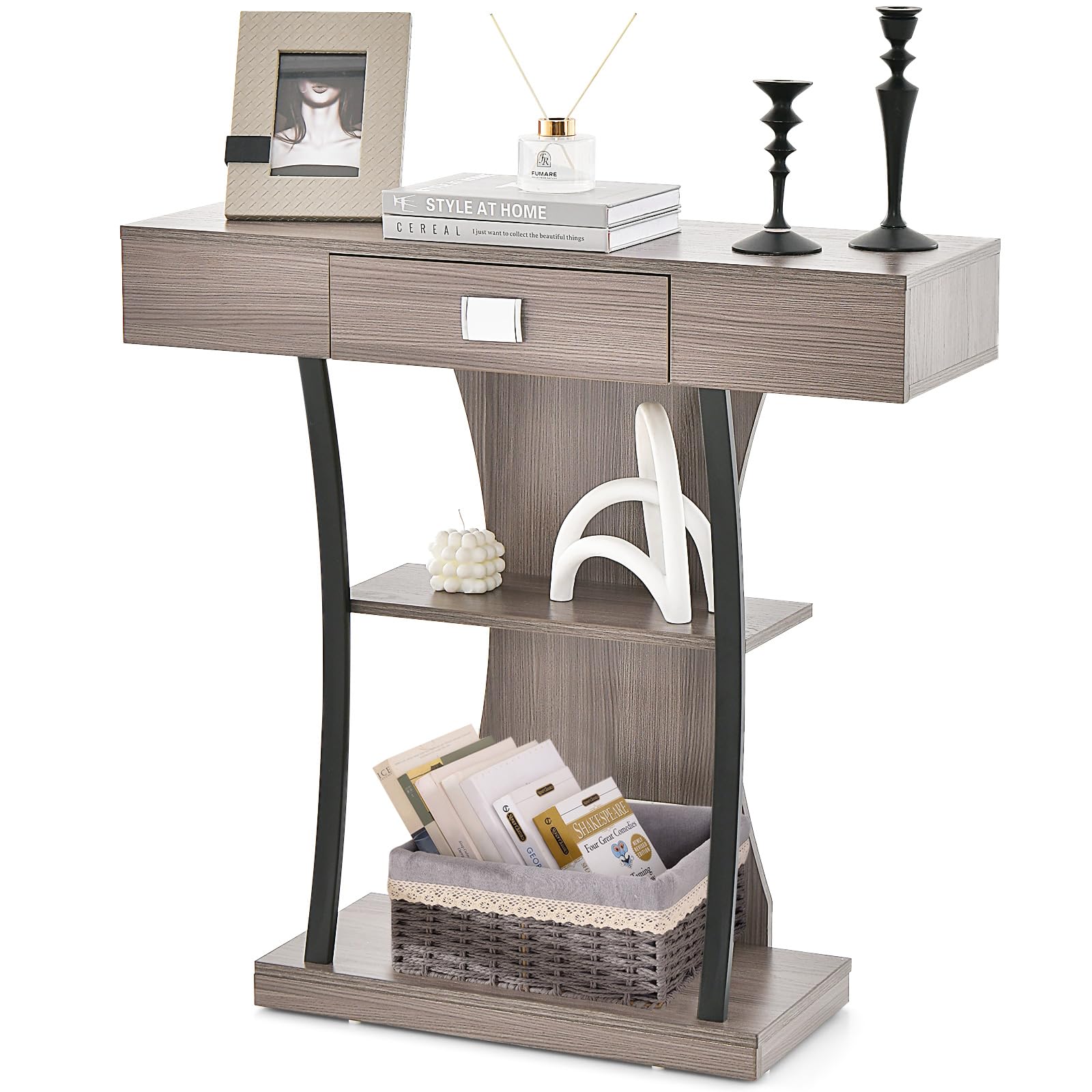 Multigot Console Table, T-Shaped Hallway Sofa Side Table with Drawer, Shelves and Anti-Tipping Kits, Wooden Accent Couch Behind 