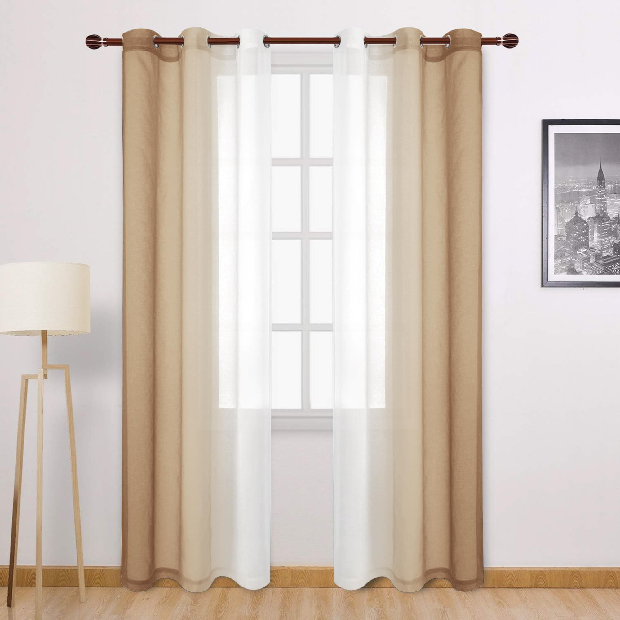 DWCN Taupe Ombre Sheer Curtains - 84 inches Long Faux Linen Gradient Semi Voile Curtains for Bedroom and Living Room, Set of 2 G