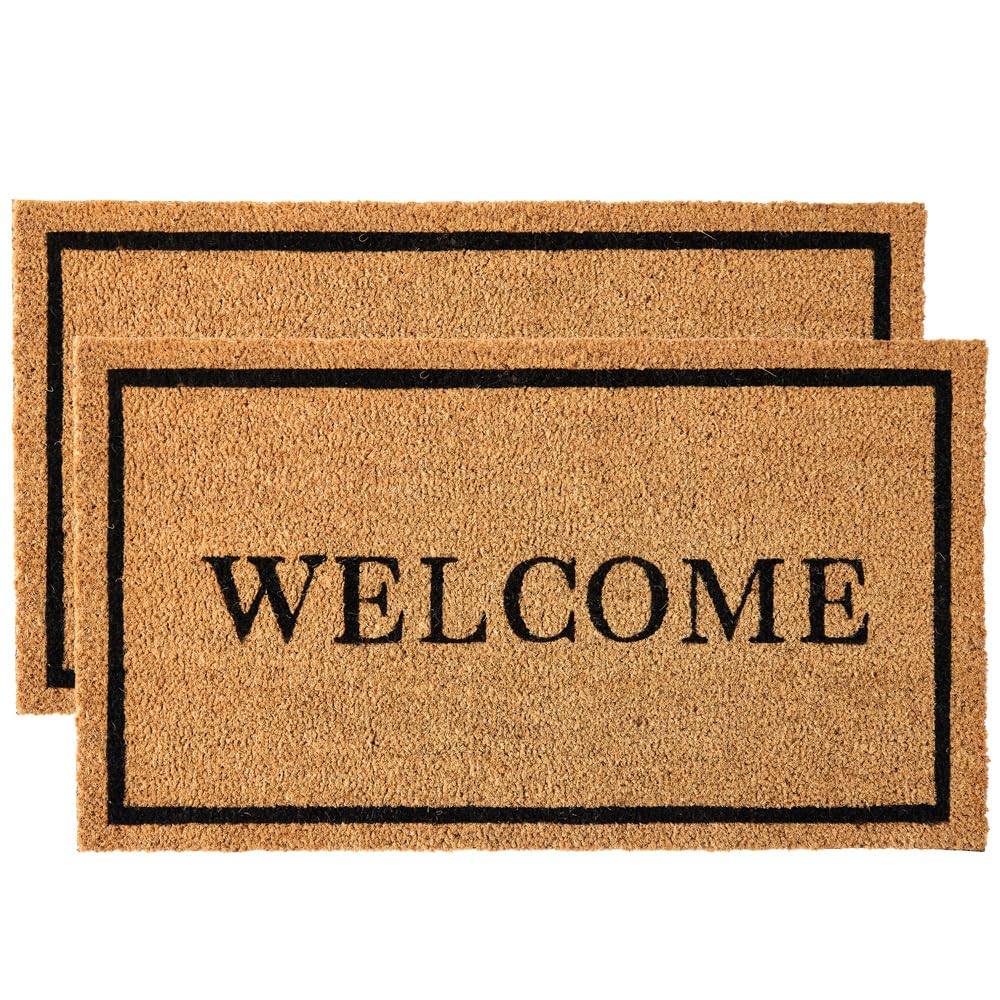 KANKUN Coco Coir Door Mat with Heavy Duty Backing, Welcome Doormat (17 x 30), Doormat Entrance (Pack of 2 - Welcome)