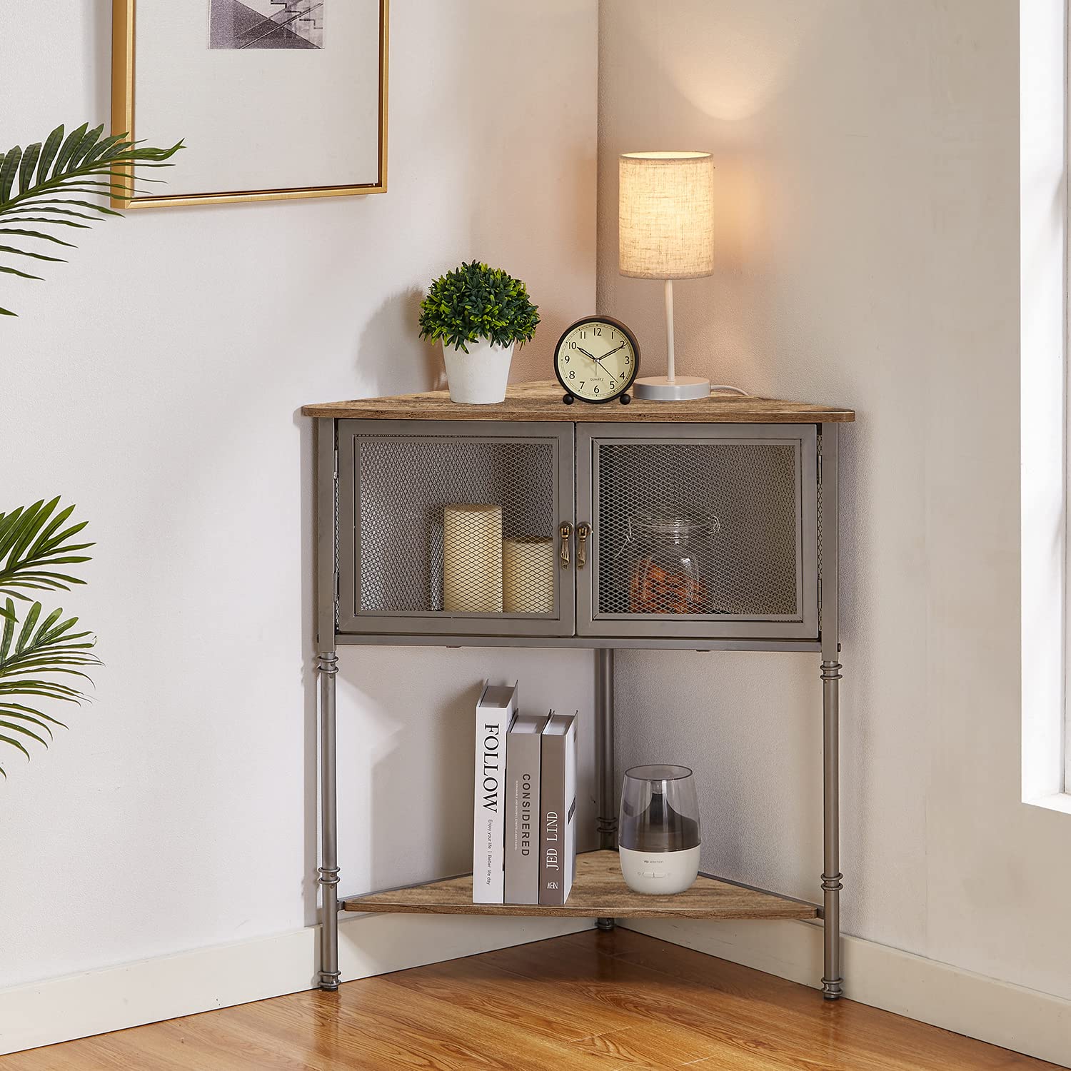 VECELO Corner Cabinet/Table, 3-Tier Display Shelves with Protection Door, Metal Frame Storage Shelf Organizer for Small Space, L
