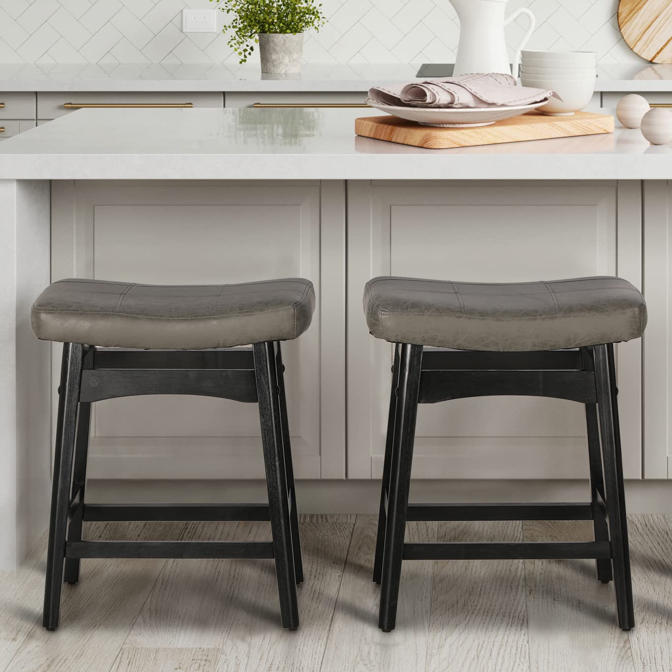 MAISON ARTS Grey Counter Height Bar Stools Set of 2 for Kitchen Counter Solid Wood Legs with Faux Leather Saddle Seat Farmhouse 