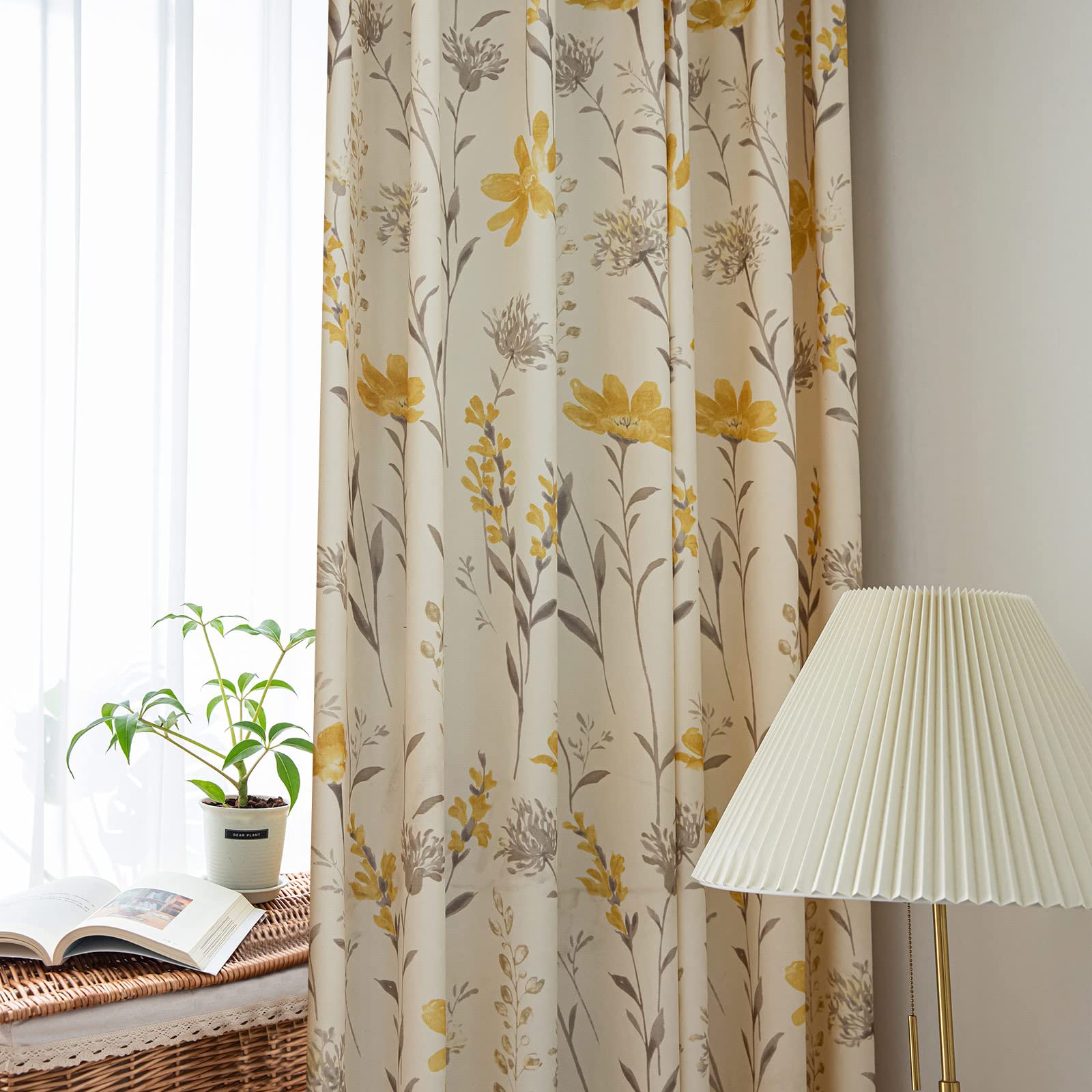 SUOUO Yellow Floral Curtain for Living Room Boho Chenille Patterned Grey Leaf 84 Inches Long 2 Panels Light Filtering Window Dra