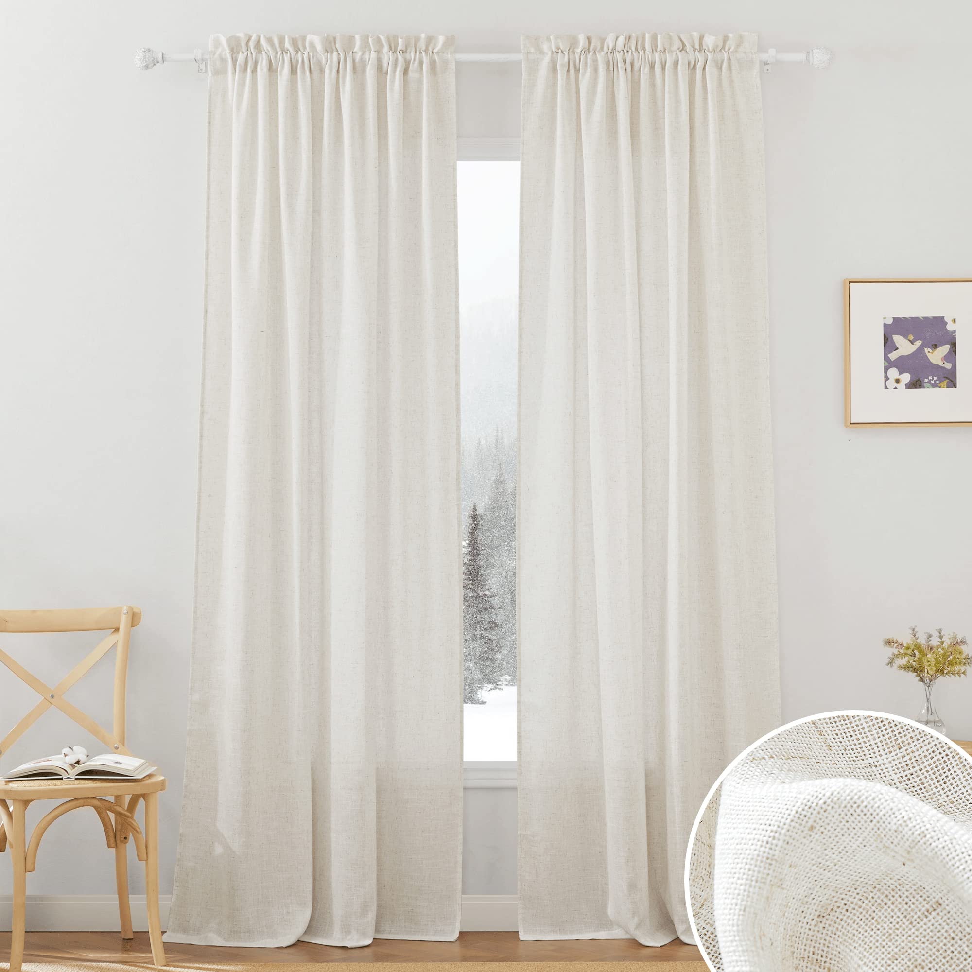 RYB HOME Semi Sheer Curtains Linen Textured Fabric Light and Airy Half Privacy Window Drapes for Bedroom Dining Living Room Offi