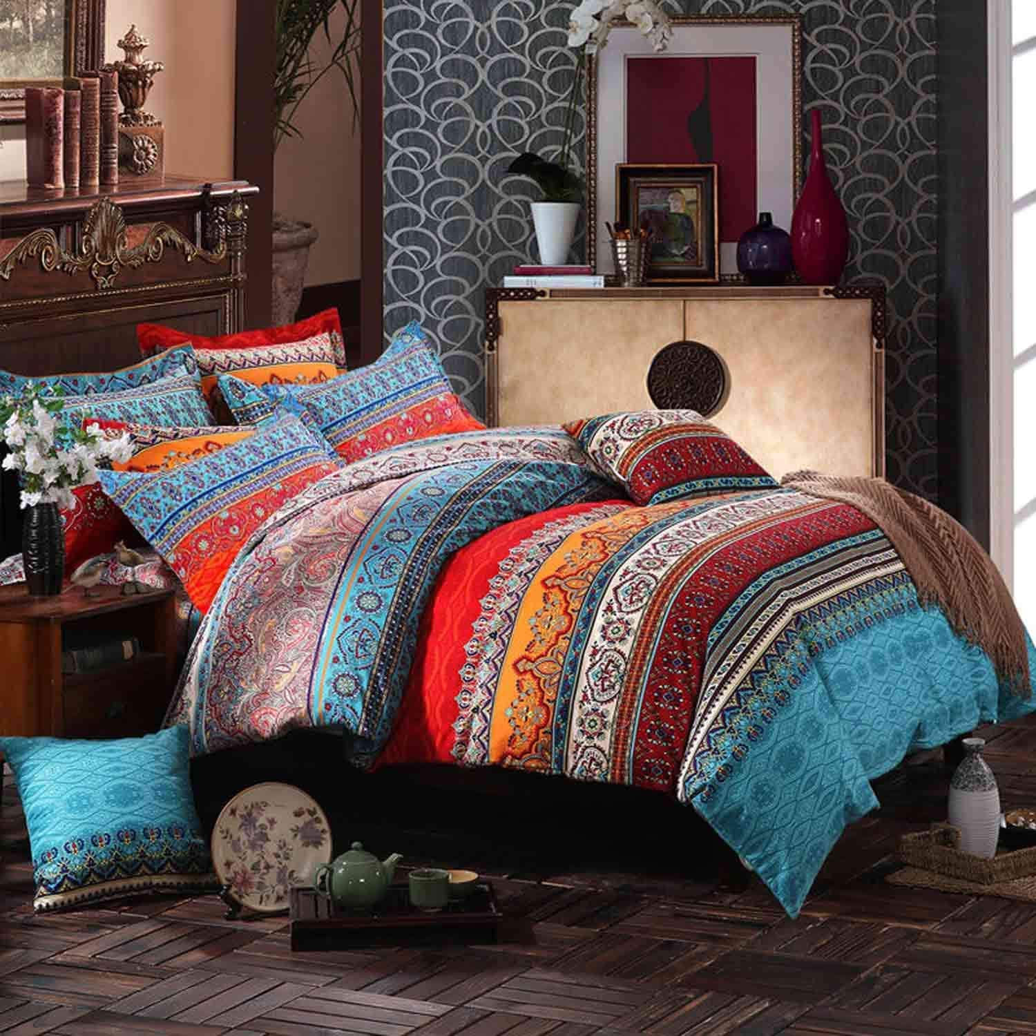 Bohemian Duvet Cover Queen, Microfiber Bohemian Bedding Sets, 3 Pieces Boho Duvet Cover for All Seasons, 1 Duvet Cover and 2 Pil