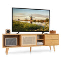 Giantex Bamboo TV Stand for 55 60 65 Inch TV, PE Rattan Entertainment Center with Sliding Doors, Drawers, Open Shelves, 5 Solid 