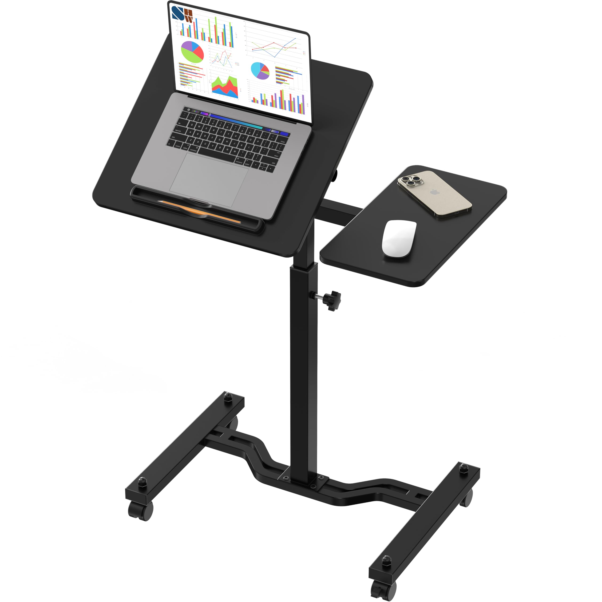 SHW 28.75 to 40.5 Height Adjustable Rolling Laptop Cart with Tilting Desktop and Side Shelf, Black
